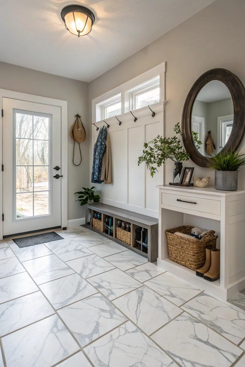 Porcelain tiles combine style with practicality in this busy entryway.