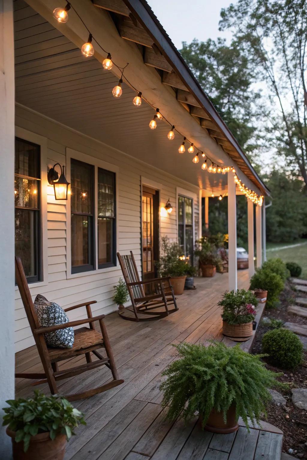 Warm Edison bulbs create a nostalgic atmosphere on this farmhouse porch.