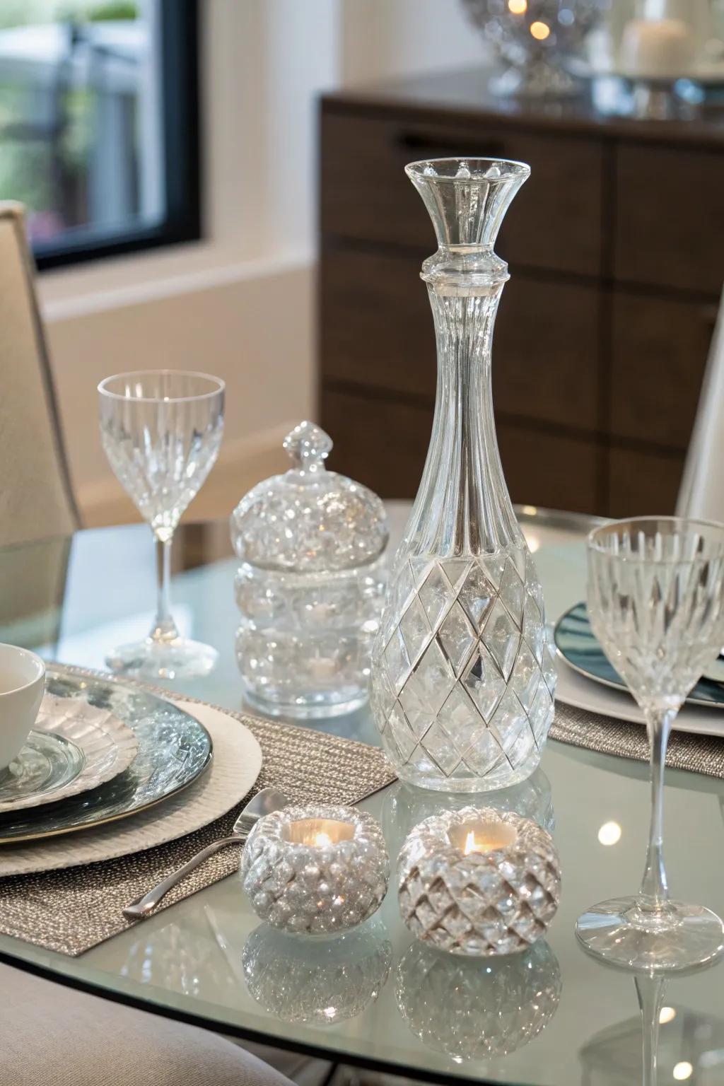 Transparent decor elements enhance the lightness and elegance of a glass dining table.