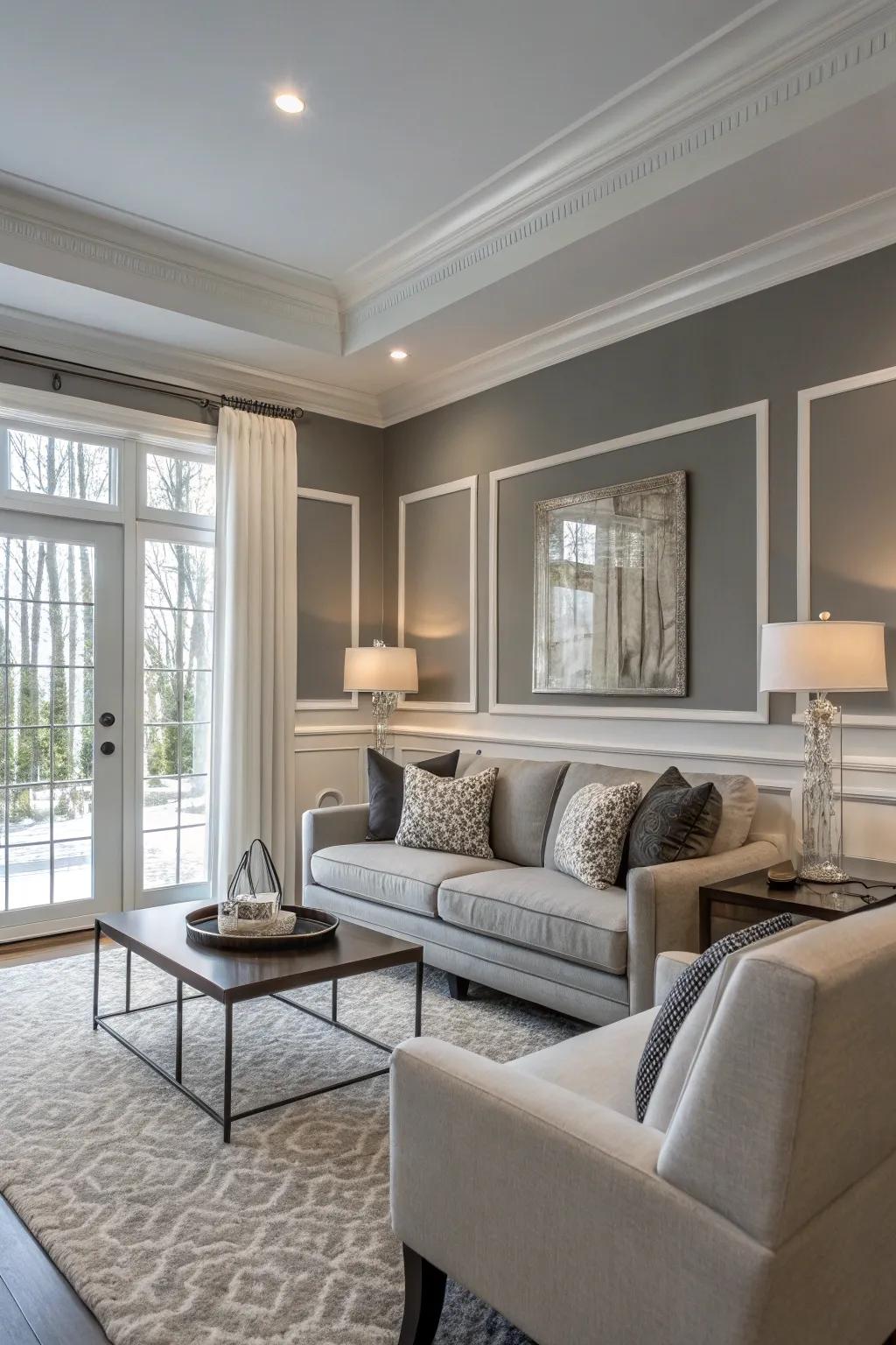 Gray and white create a timeless and elegant living room.