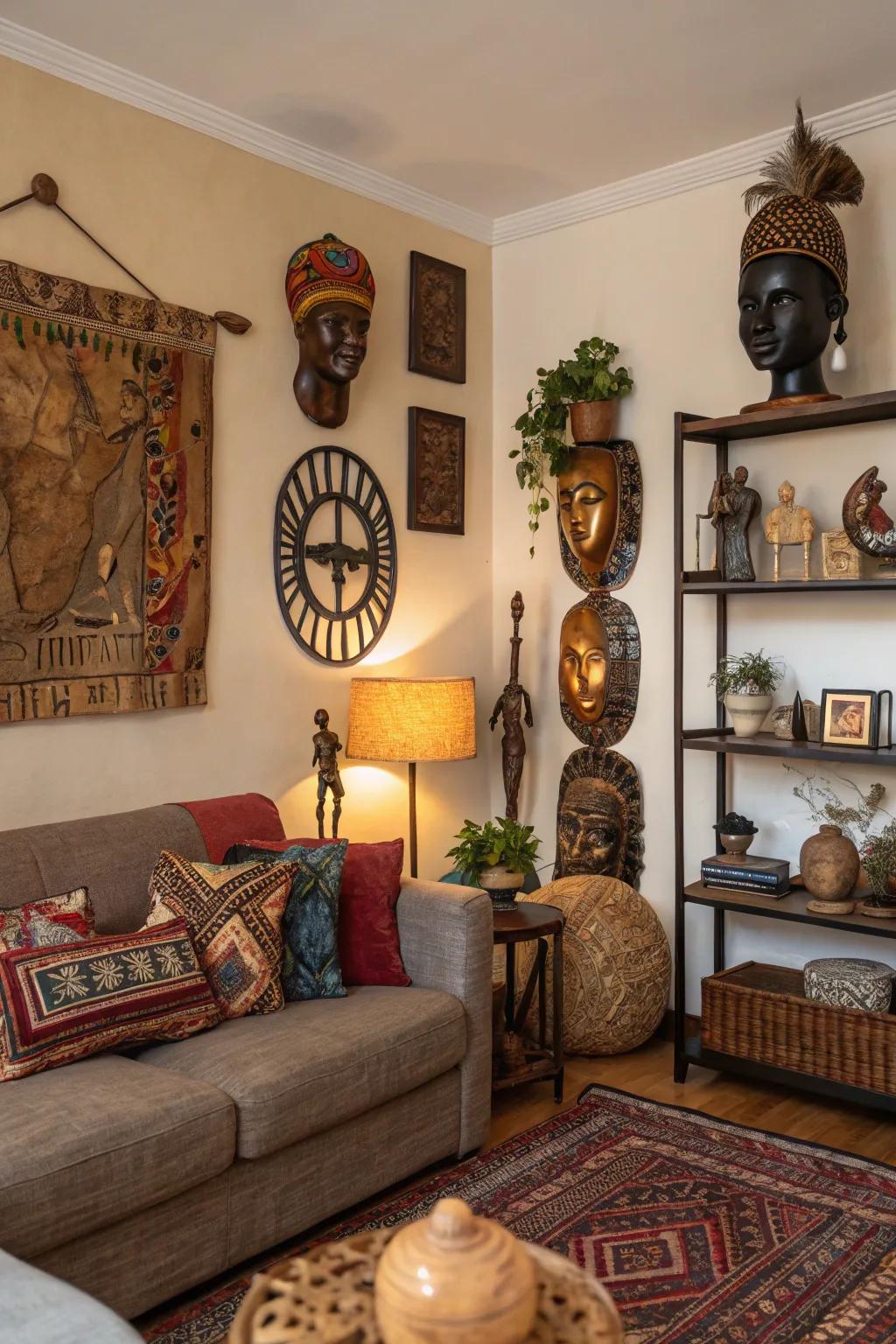 Globally inspired decor adds cultural flair to the living room.