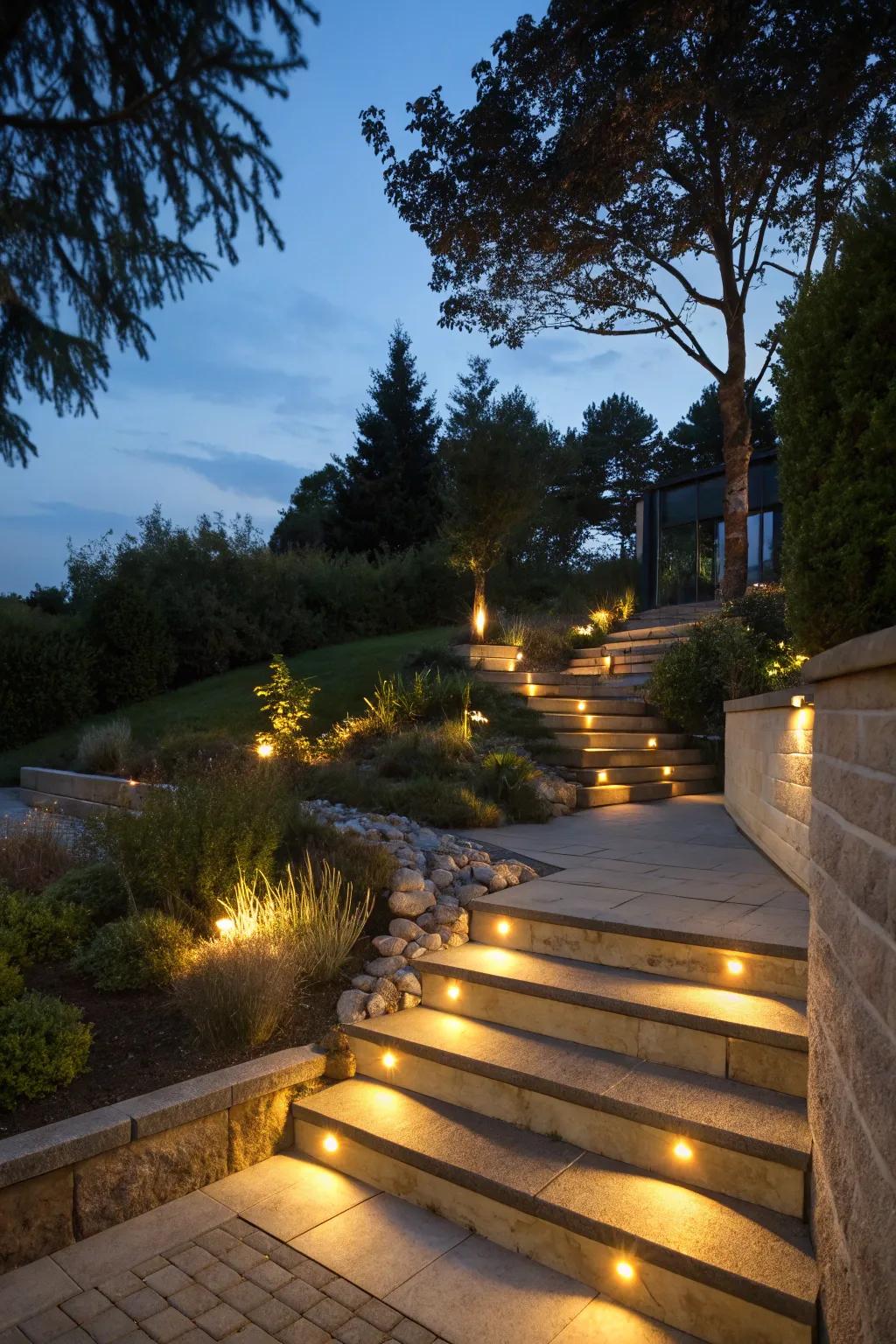 Ground lights creating an ambient glow and enhancing the atmosphere of outdoor steps.