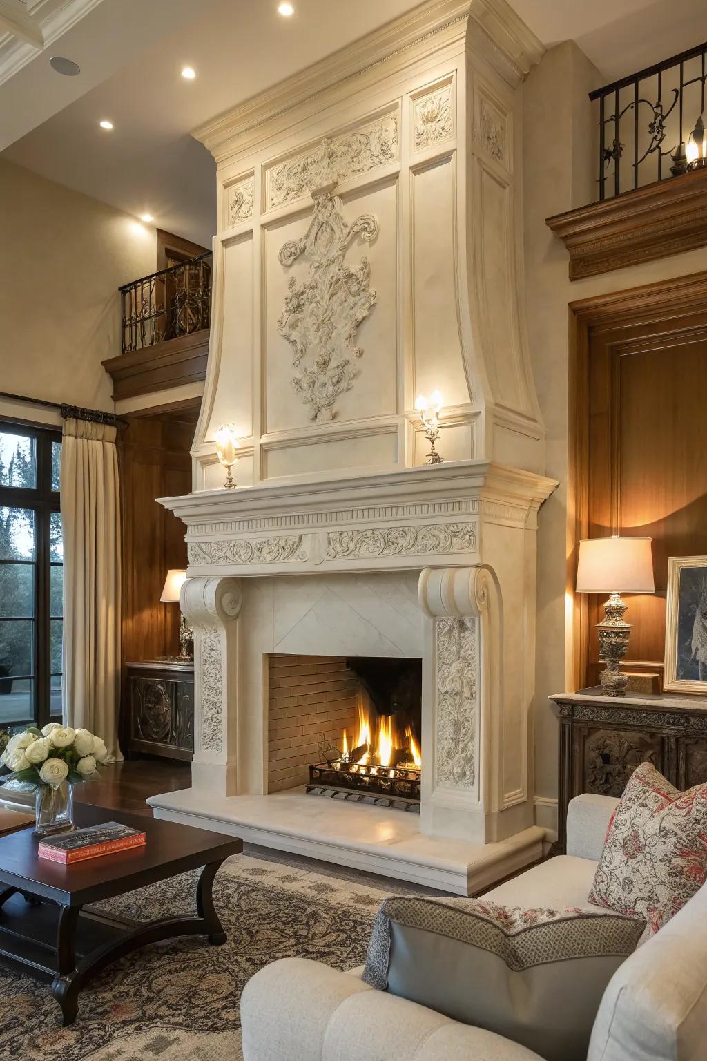 Playing with proportions in a plaster fireplace makes a bold statement.