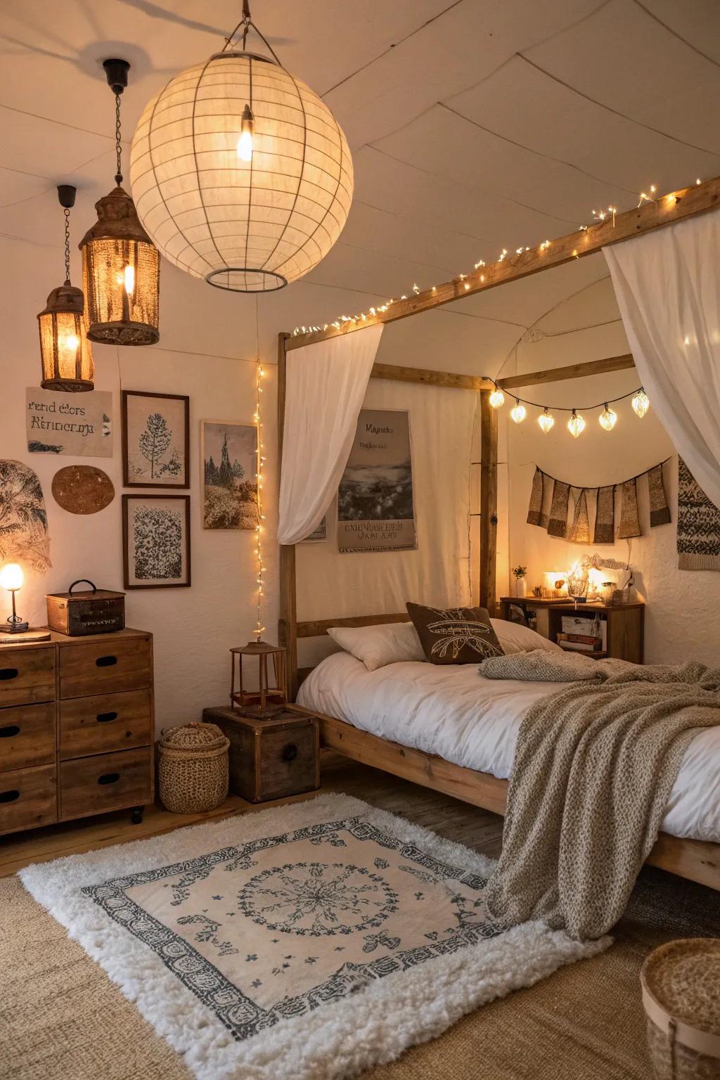 Hanging lanterns add a quaint charm to rustic bedroom design.