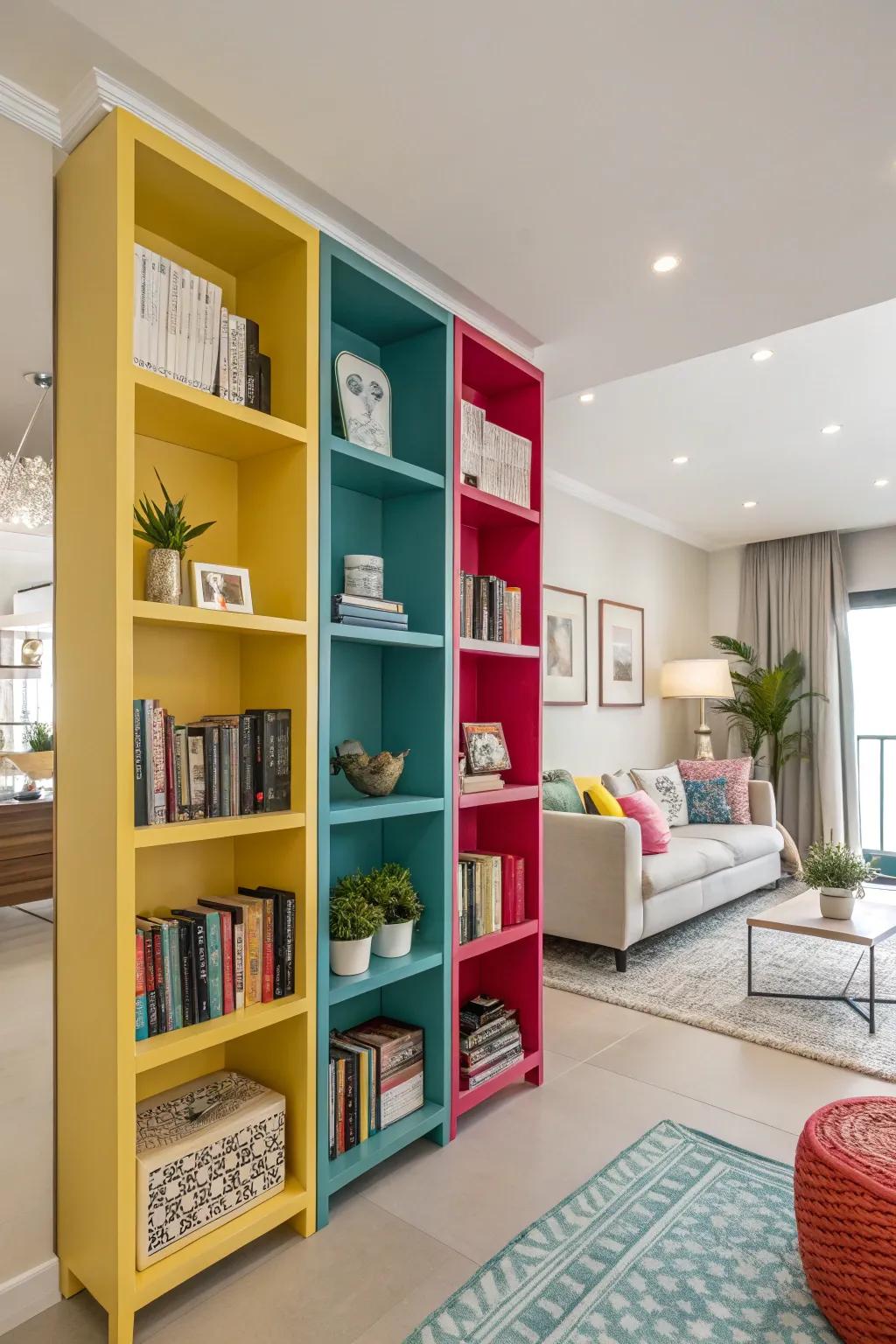 Colorful shelves add a vibrant pop to any space.