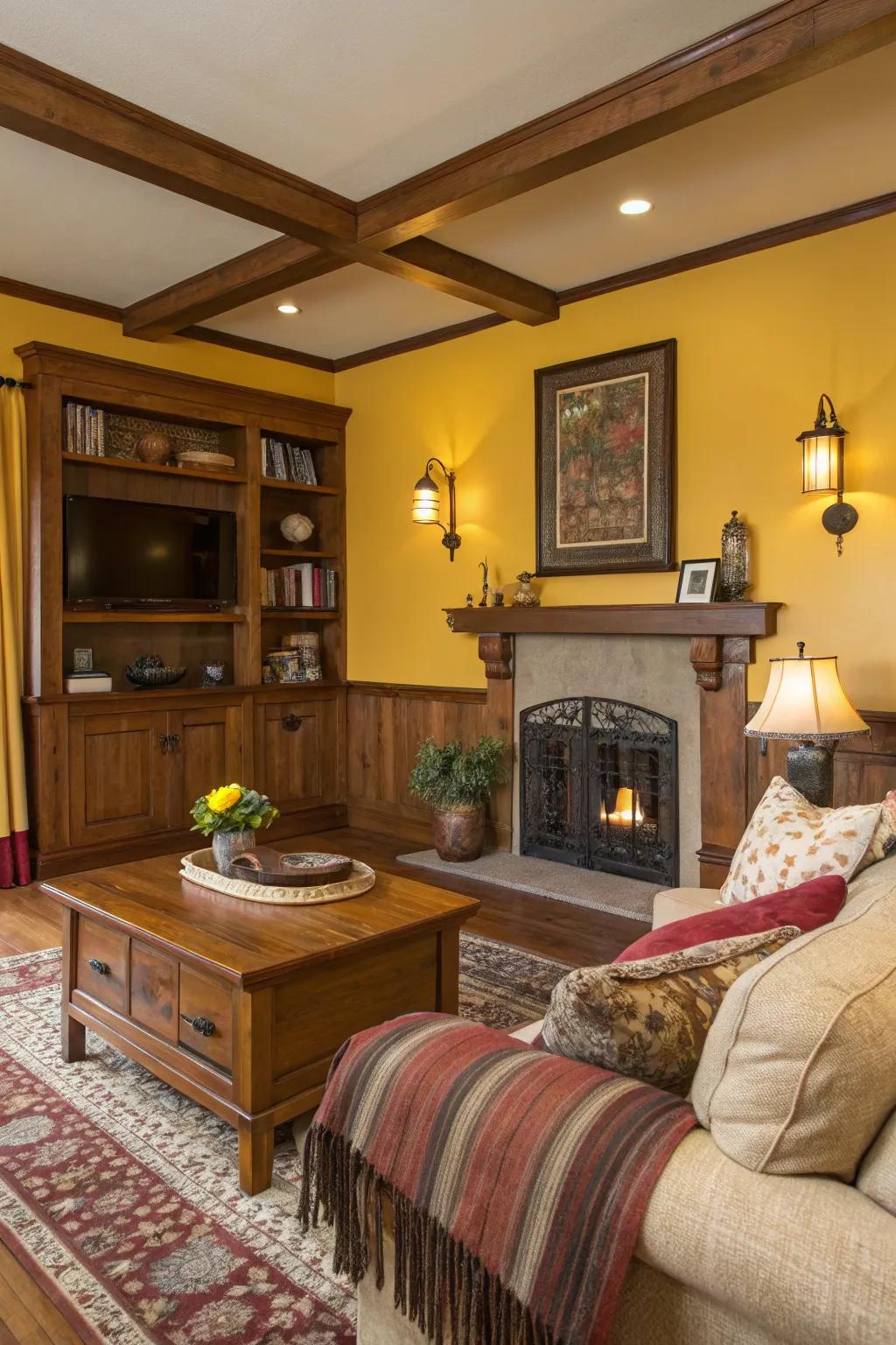 Amber yellow walls paired with rich wood tones create a warm and inviting living room.