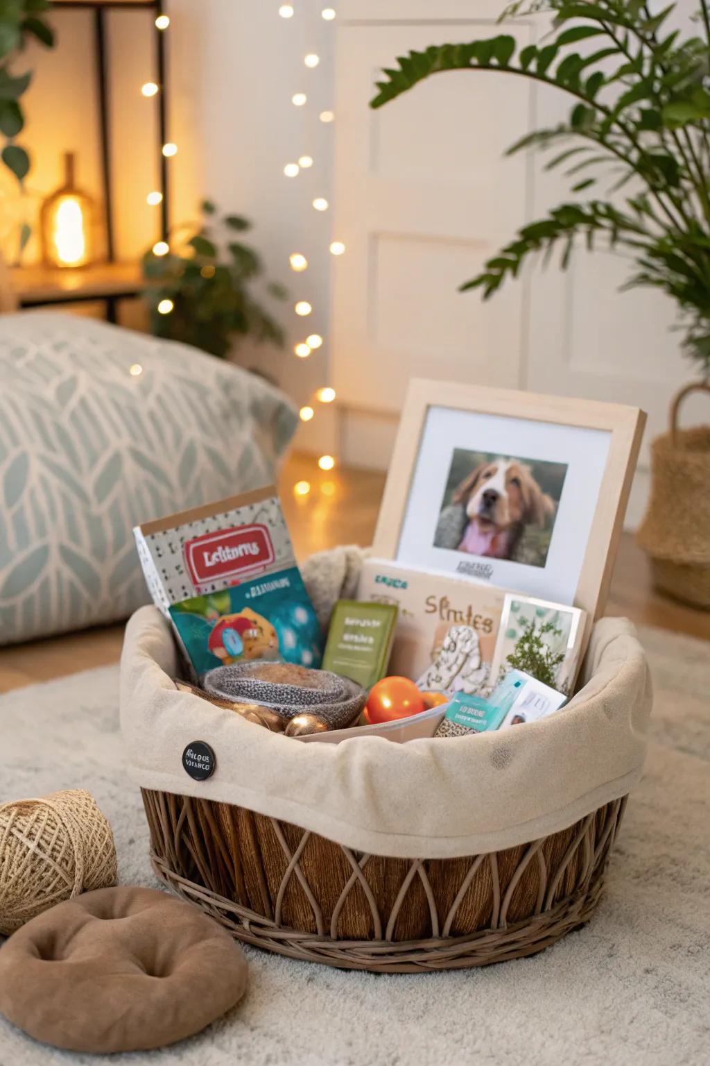 A pet lover's treats basket for the mom who loves her furry family.