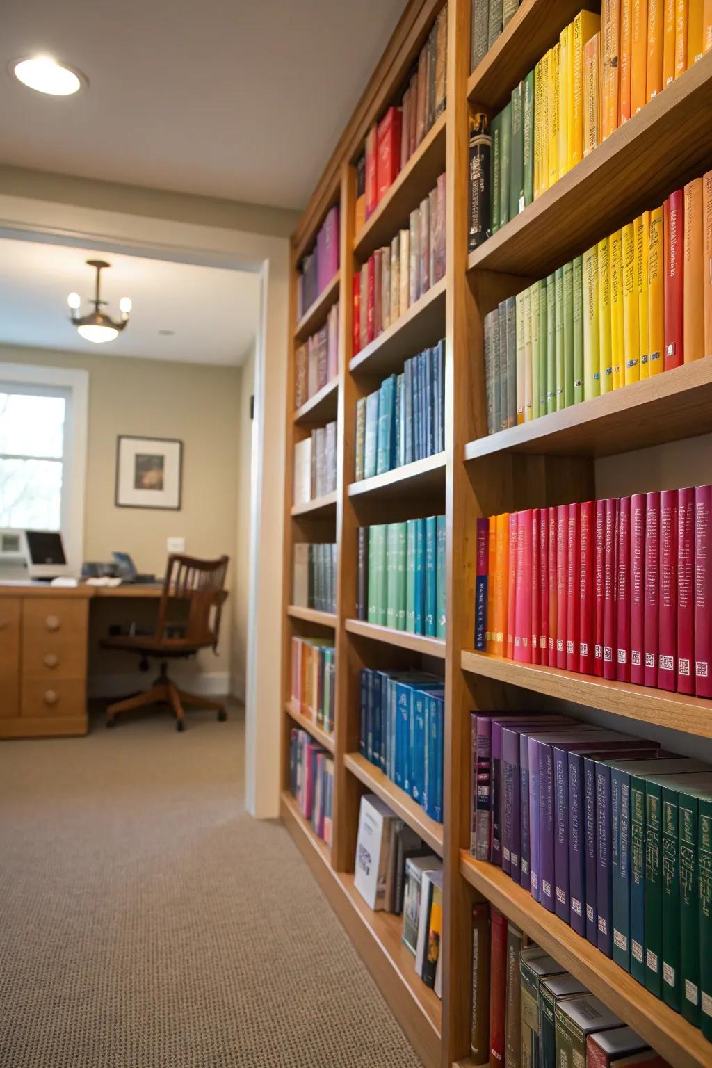 A bookcase with color-coded DVDs, creating an eye-catching display.