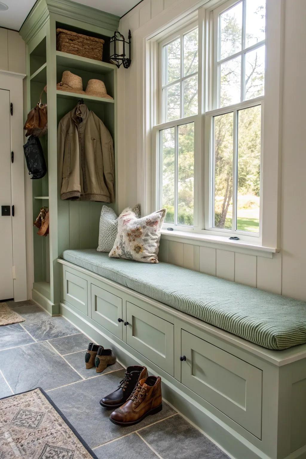 Window seat benches offer comfort and a touch of luxury to mudrooms.