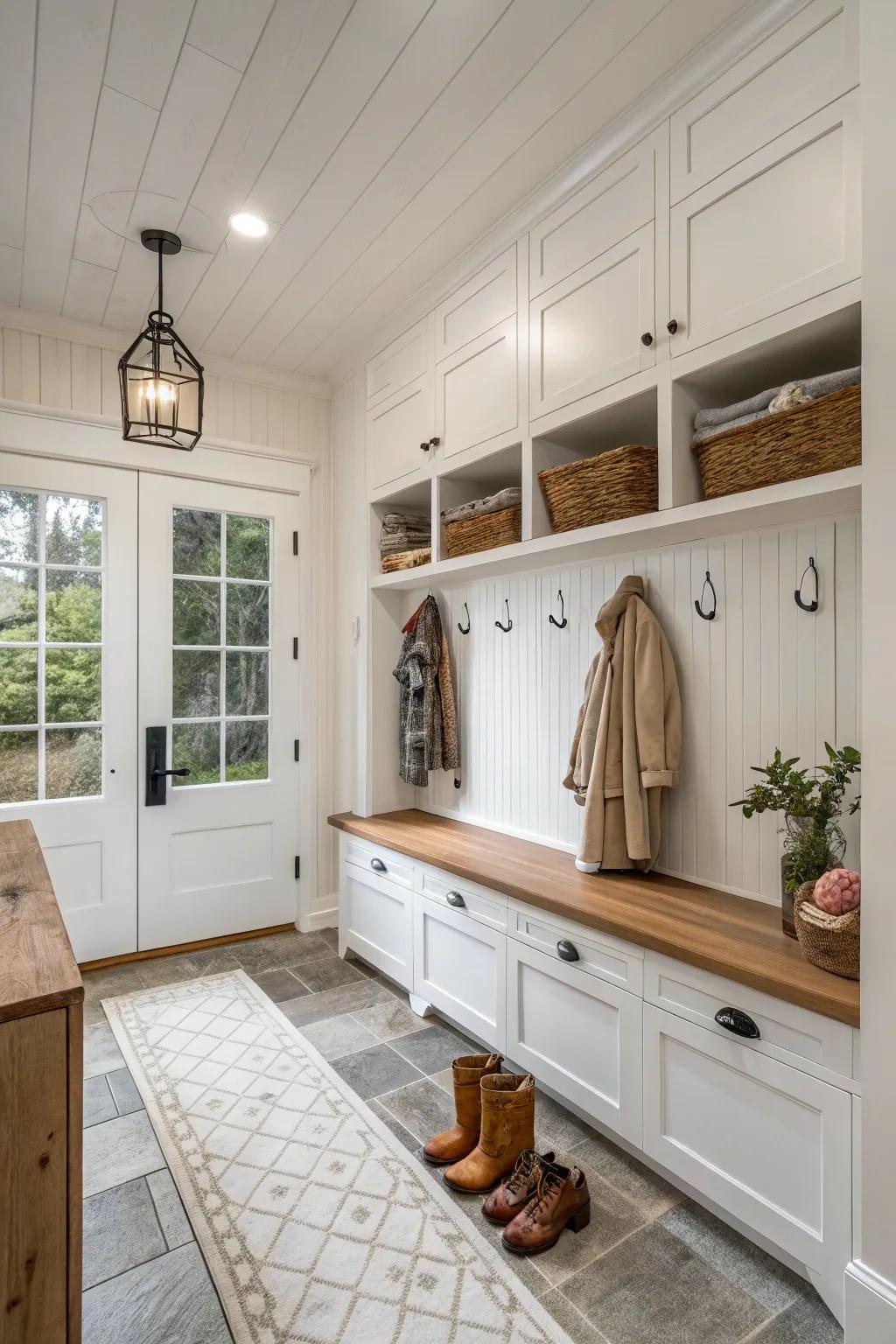 An all-white color palette creates a light and airy atmosphere in your mudroom.