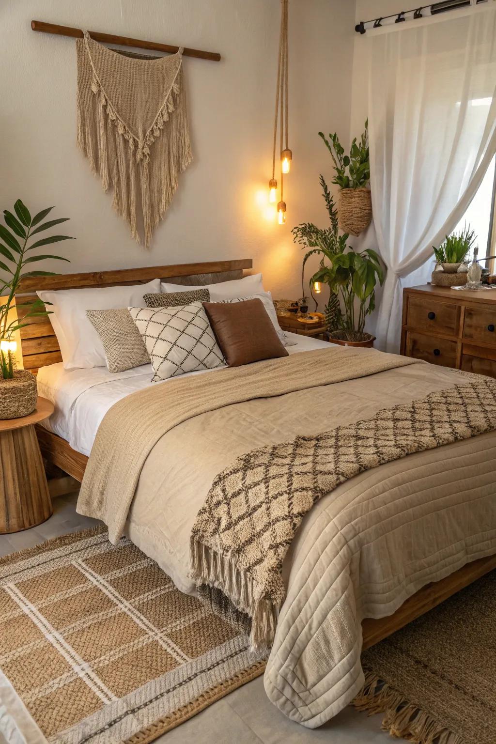 Earth-toned bedding for a harmonious space.