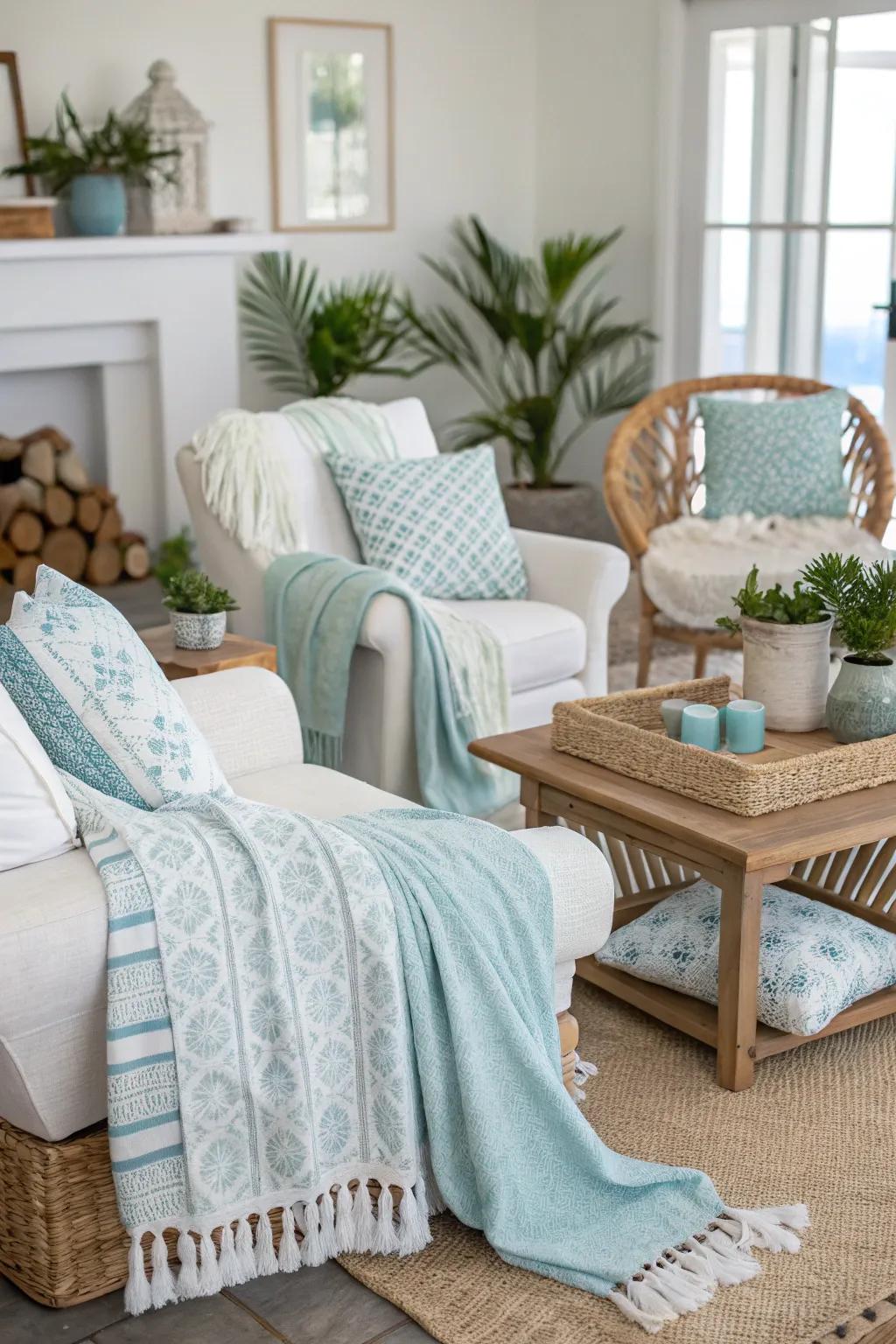 Coastal textiles add comfort and depth to the nautical theme.