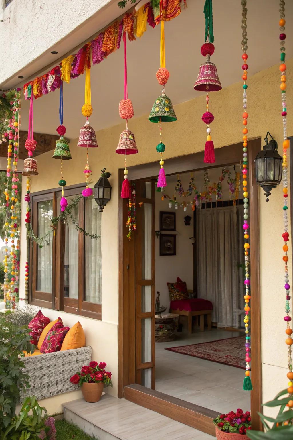 A home adorned with decorative bells and hangings for Navratri.