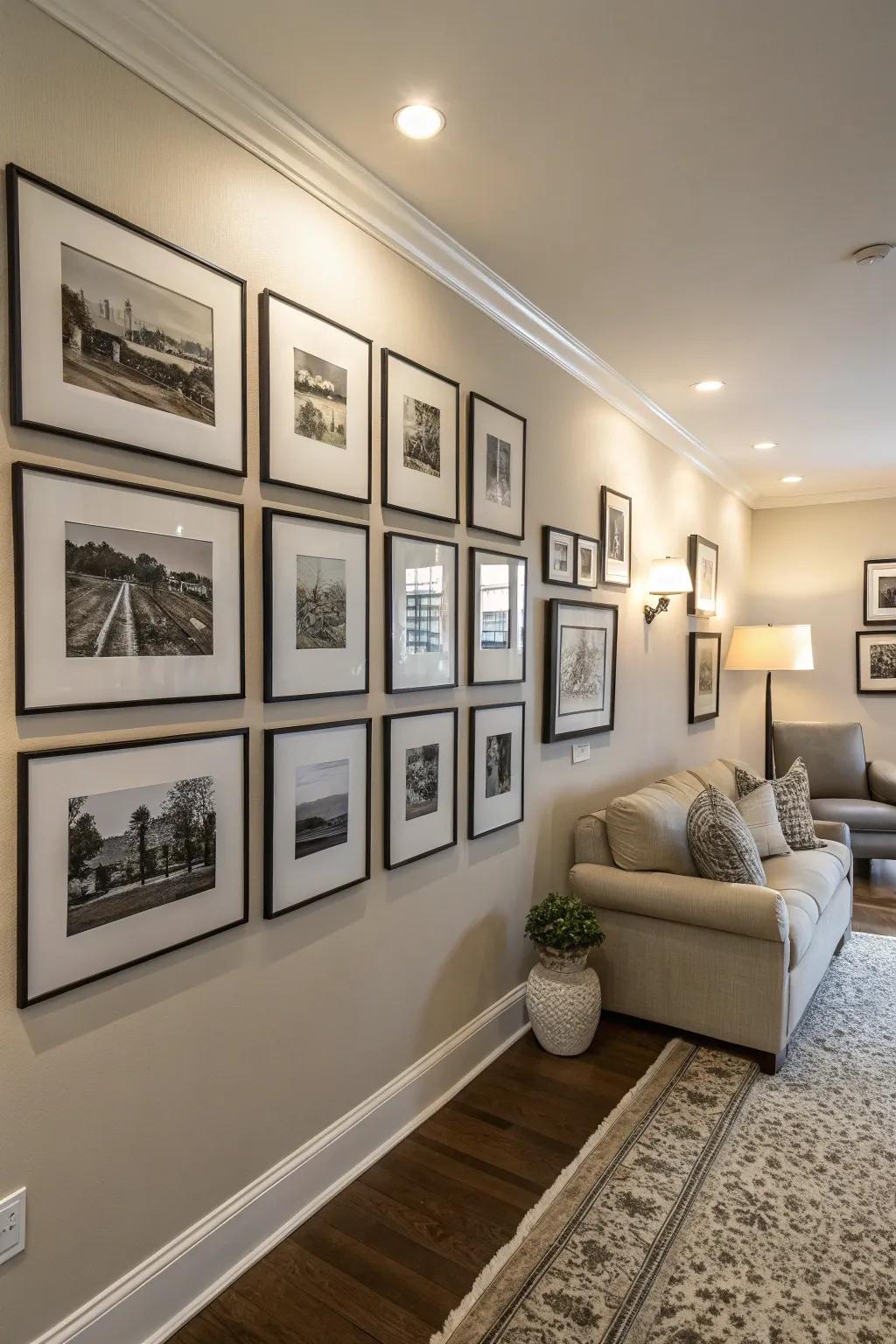 A gallery wall adds a personal touch to a neutral palette.