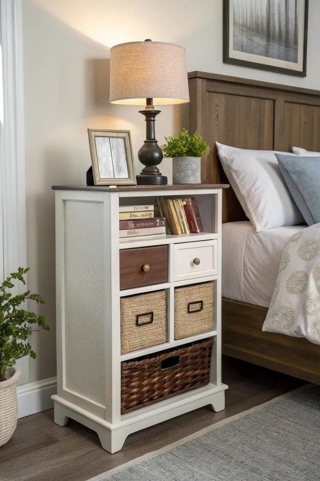 A storage-savvy nightstand with multiple drawers and shelves in a well-organized bedroom.