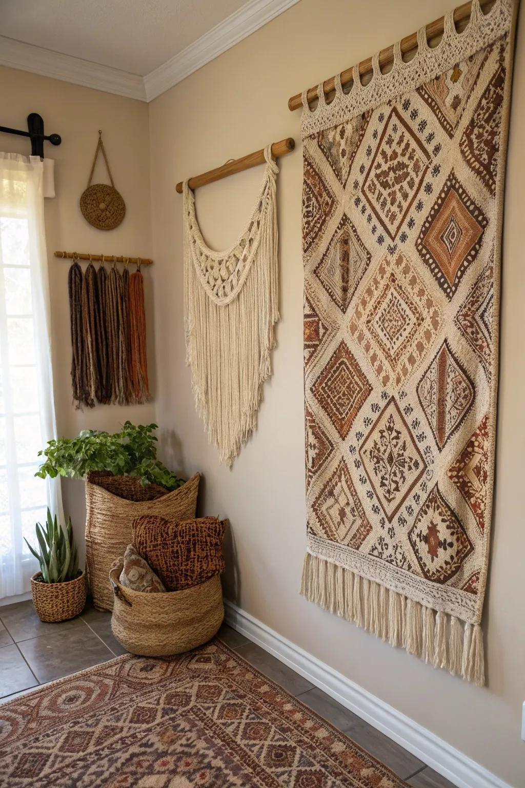 Enhance your walls with textured hangings that offer warmth and a touch of bohemian style.