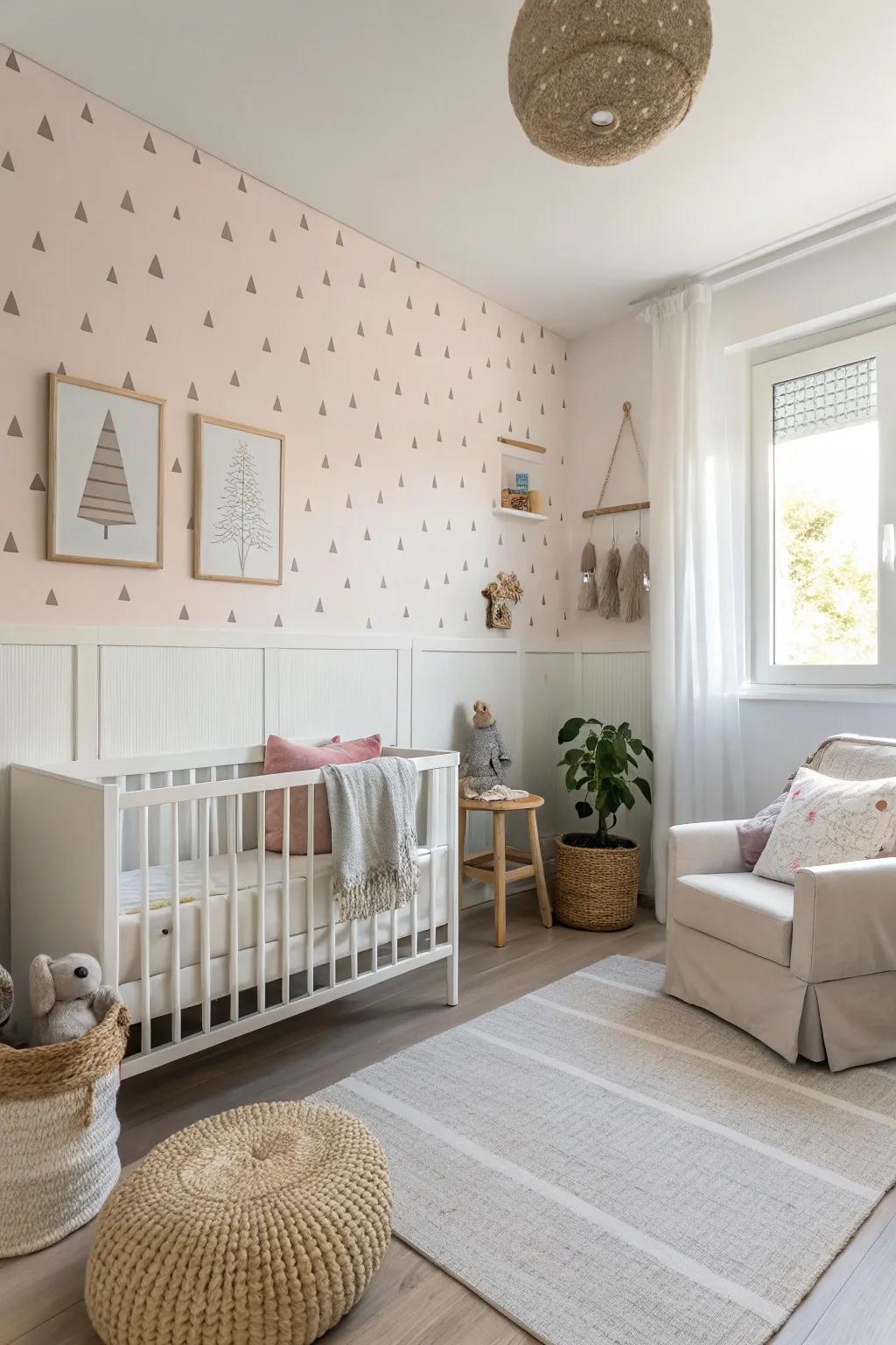 A minimalist nursery with a Scandinavian style accent wall creating serenity.