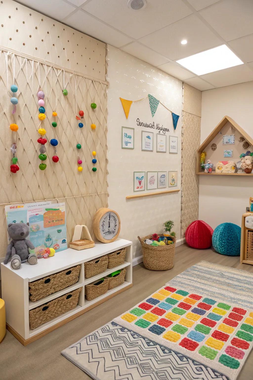 Interactive elements invite exploration and play in this nursery corner.