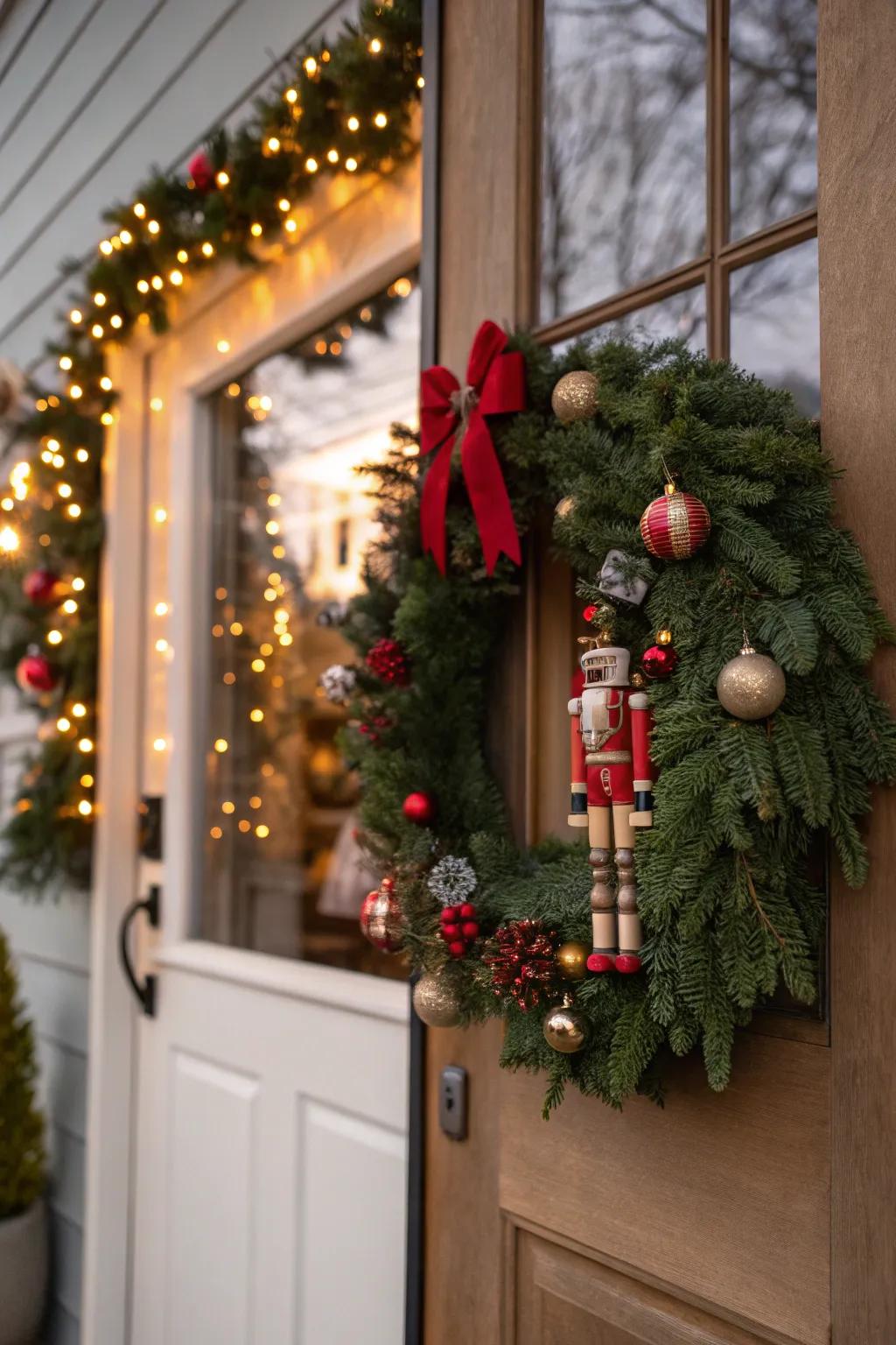 Small nutcrackers add surprise and charm to holiday wreaths.