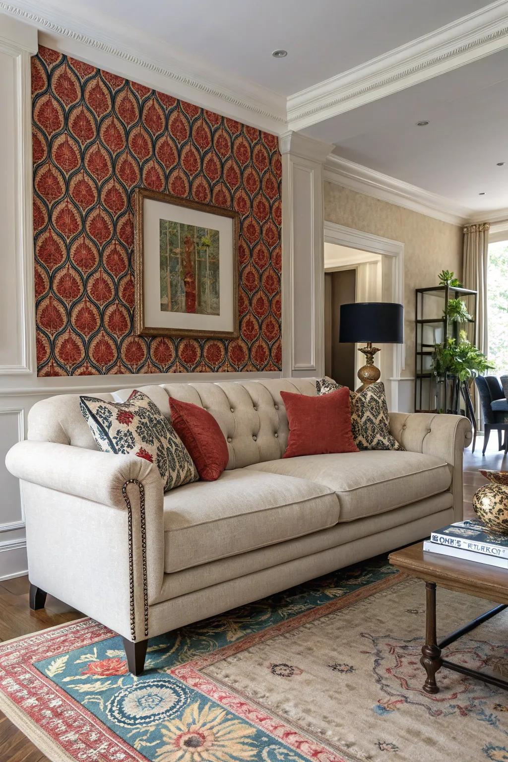 A statement wall adds focus and intrigue behind an oatmeal sofa.