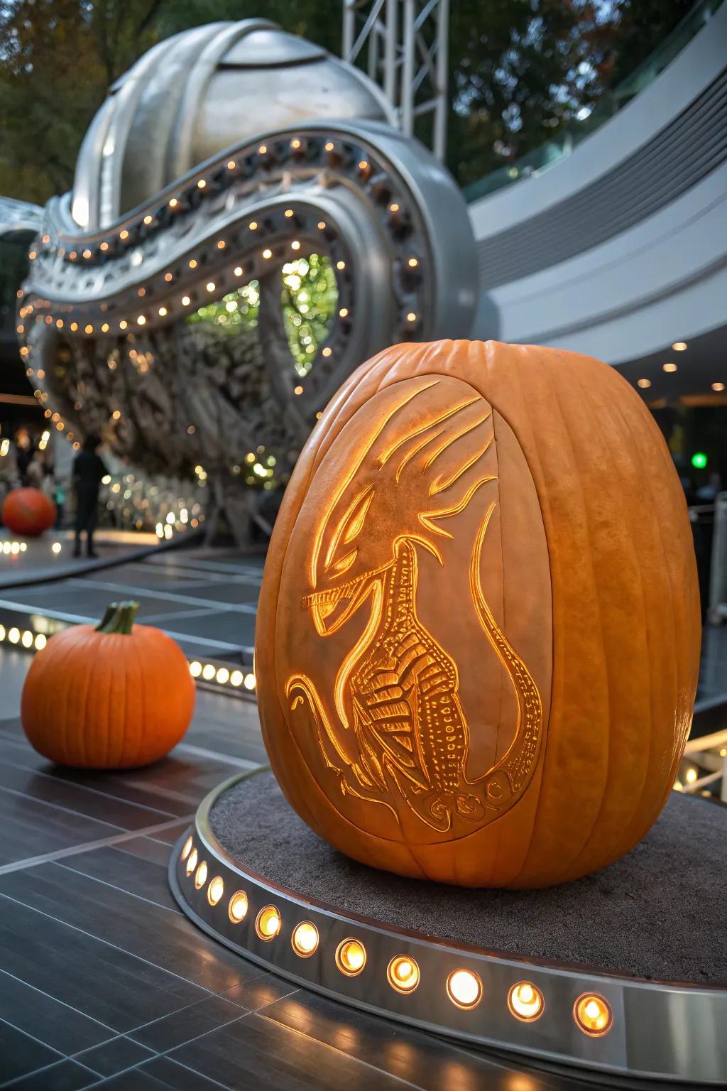 An alien carving that adds a touch of the otherworldly to your Halloween decor.