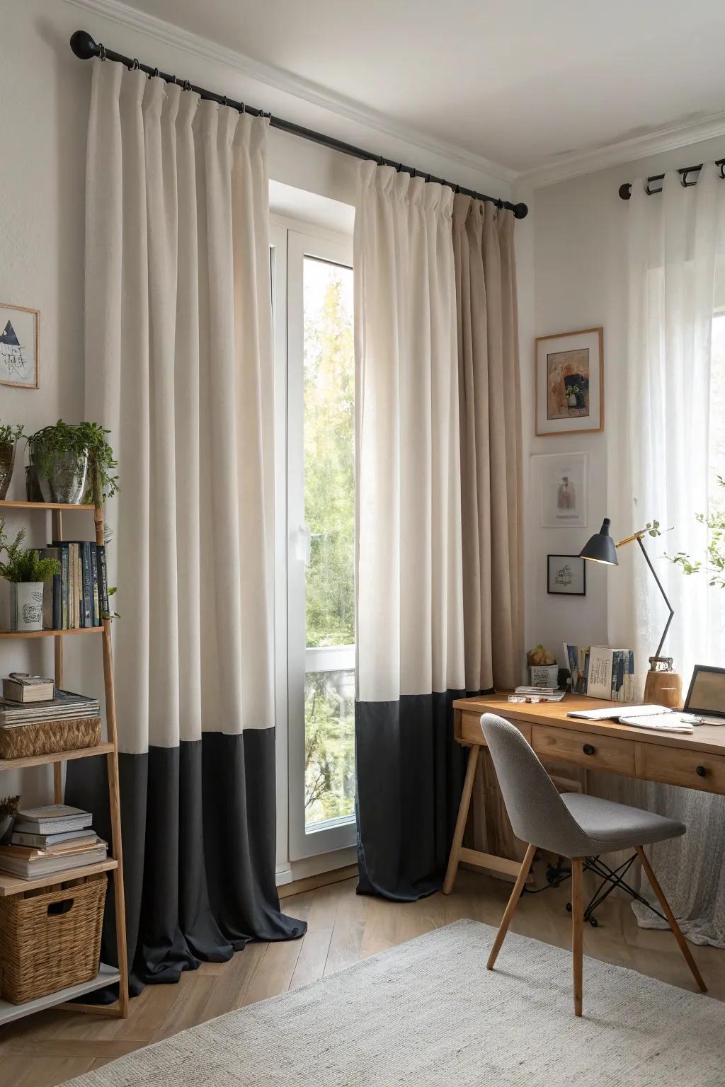 Dual-tone curtains add contrast and depth to the office decor.