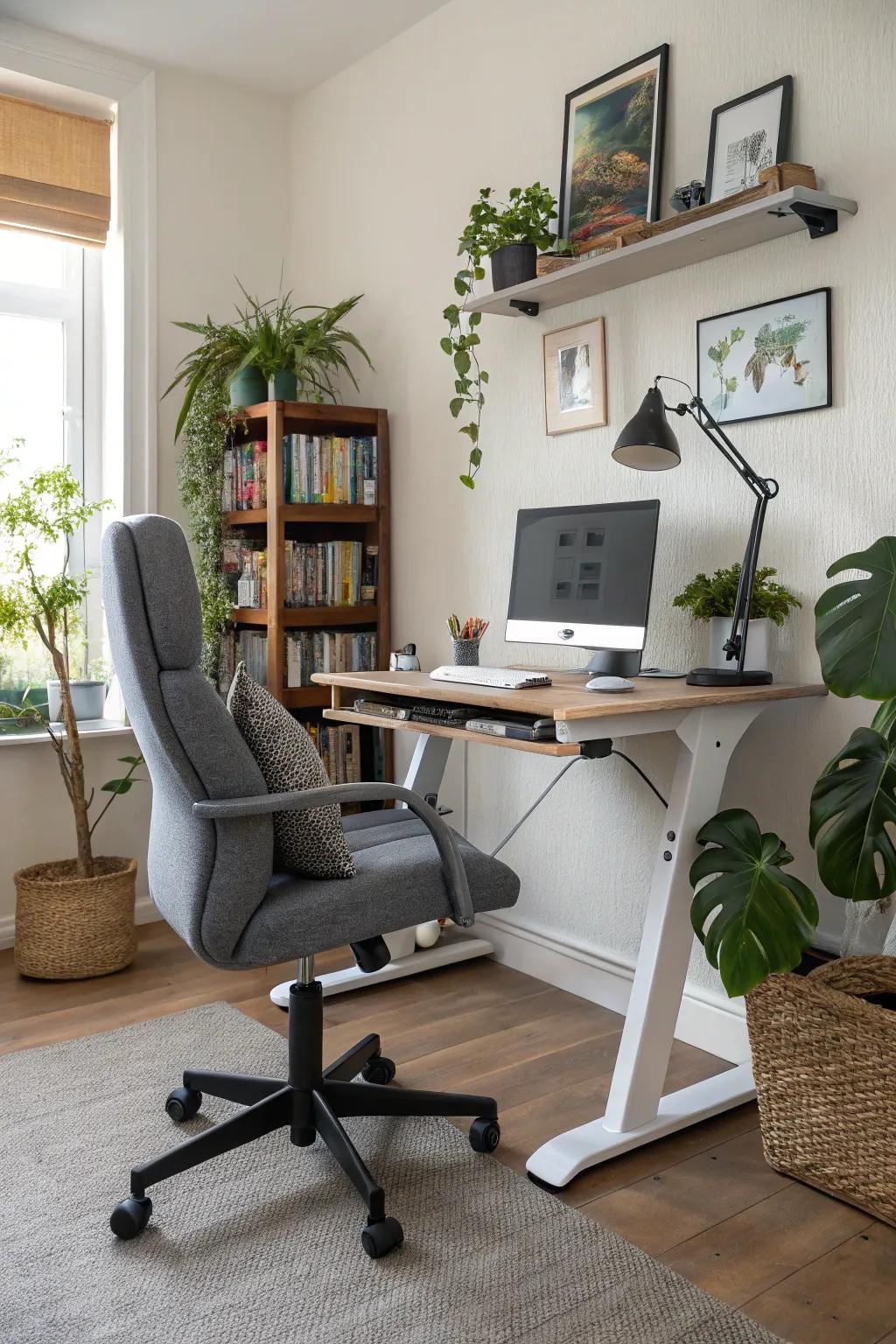 Ergonomic furniture ensures comfort and support in a home office.