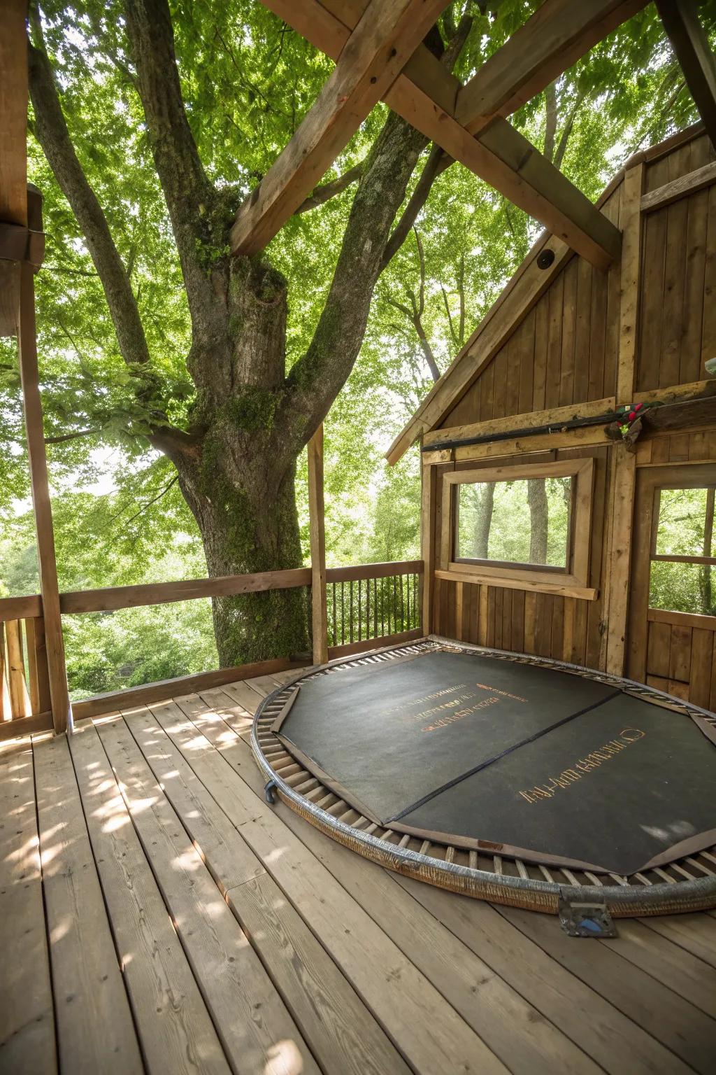 Transform your treehouse with a touch of craftsmanship: repurposed trampoline mat flooring adds comfort and style.