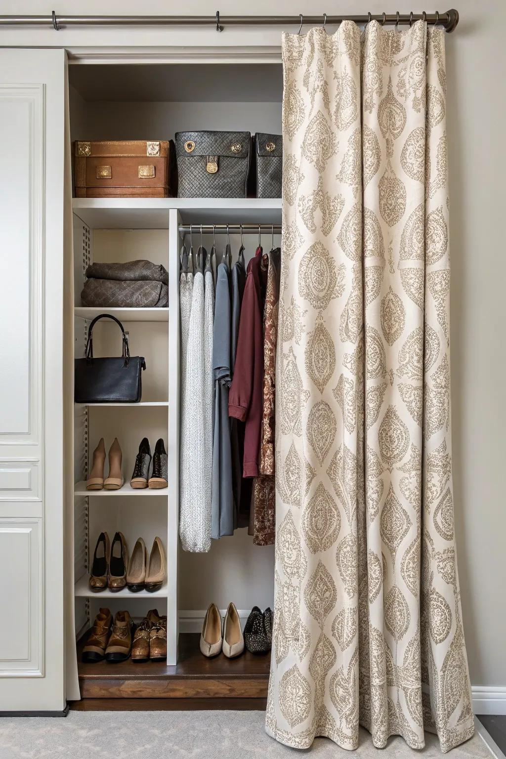 A curtain panel providing privacy and style to an open closet.