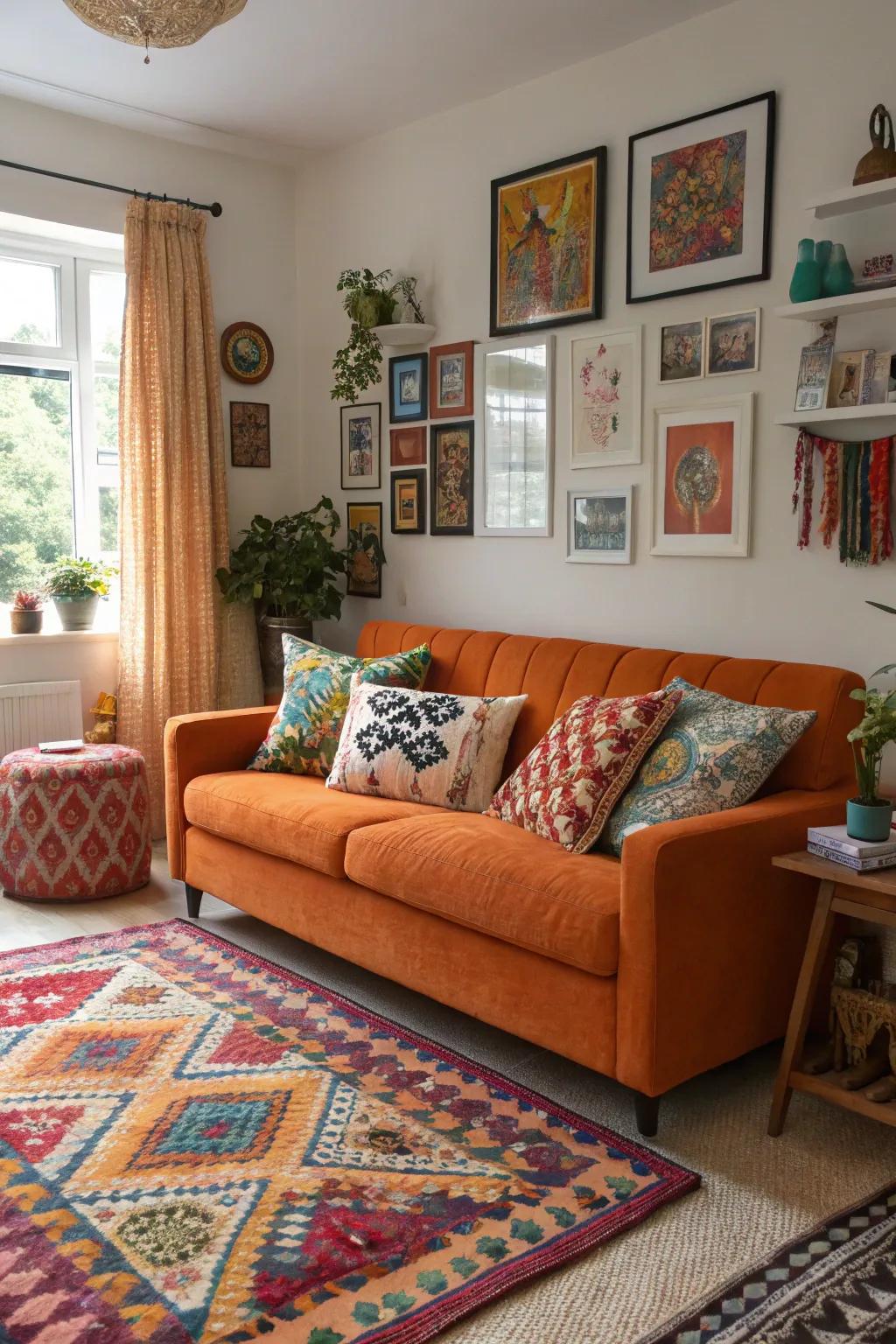 A unique eclectic living room where an orange couch is surrounded by diverse patterns.