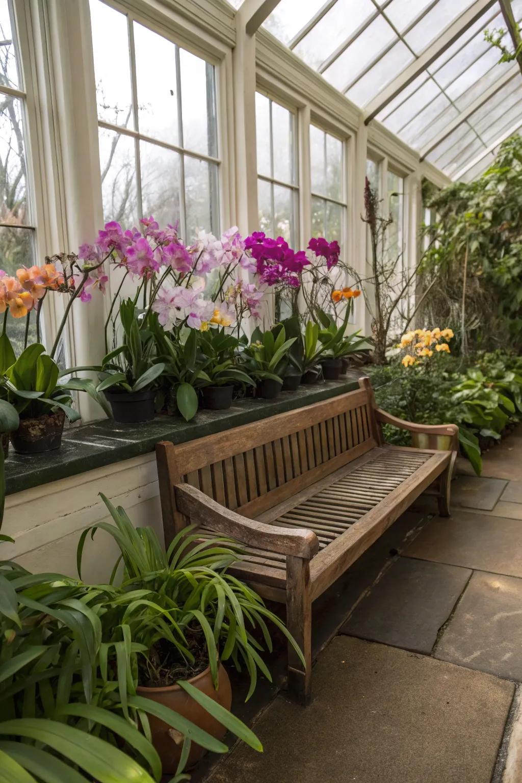 A custom-made bench in a greenhouse showcasing a diverse orchid collection.