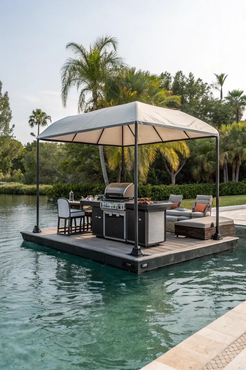 A floating BBQ platform offering a unique and luxurious grilling experience.