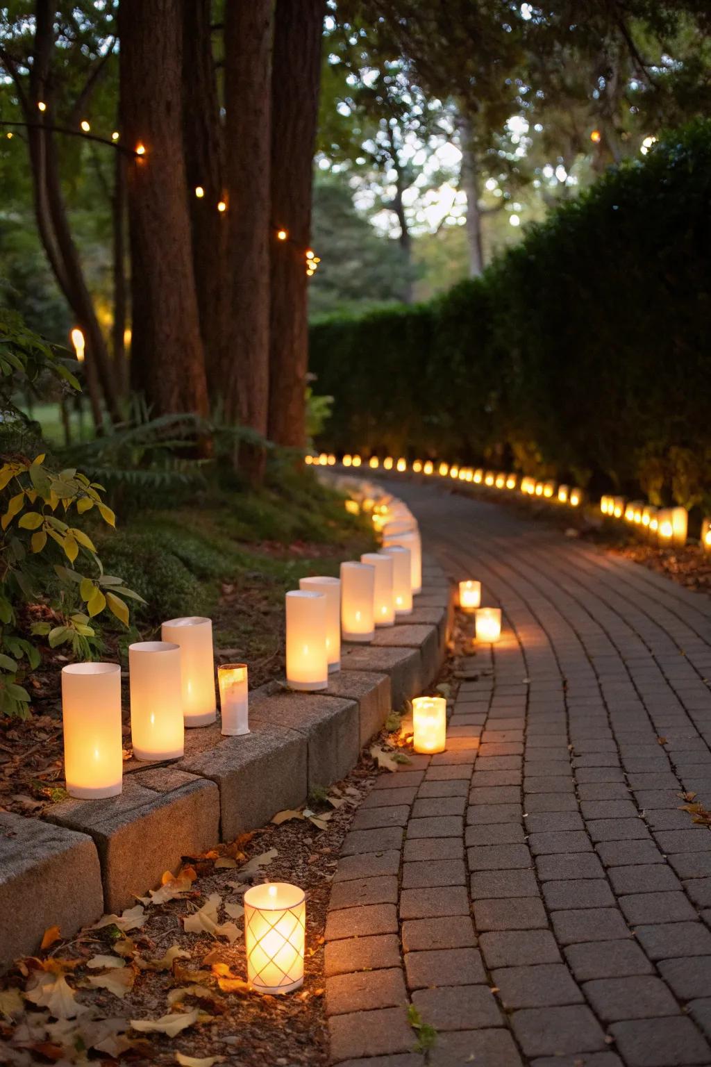 LED candles line the pathway, offering a safe and warm glow for an inviting entrance.