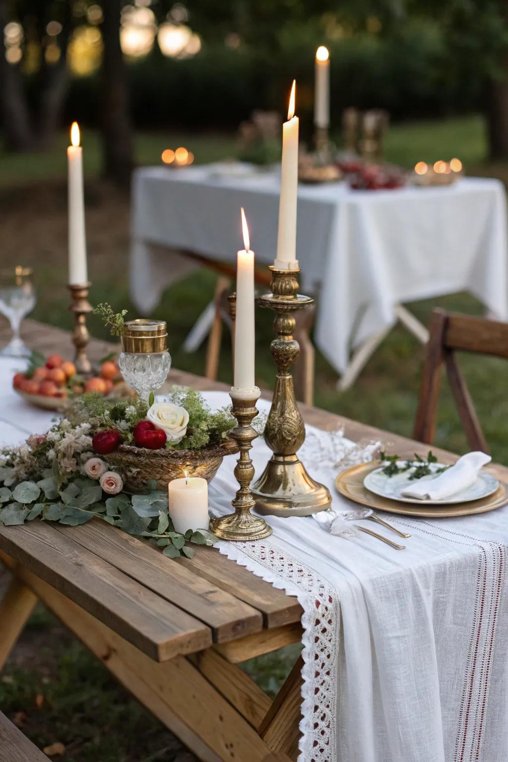 Elegant candlesticks add sophistication and ambiance to your picnic table.