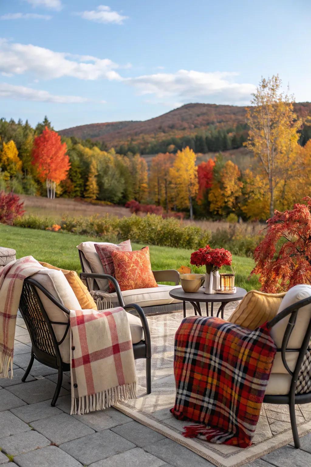 Plaid accents bring cozy warmth to outdoor fall spaces.