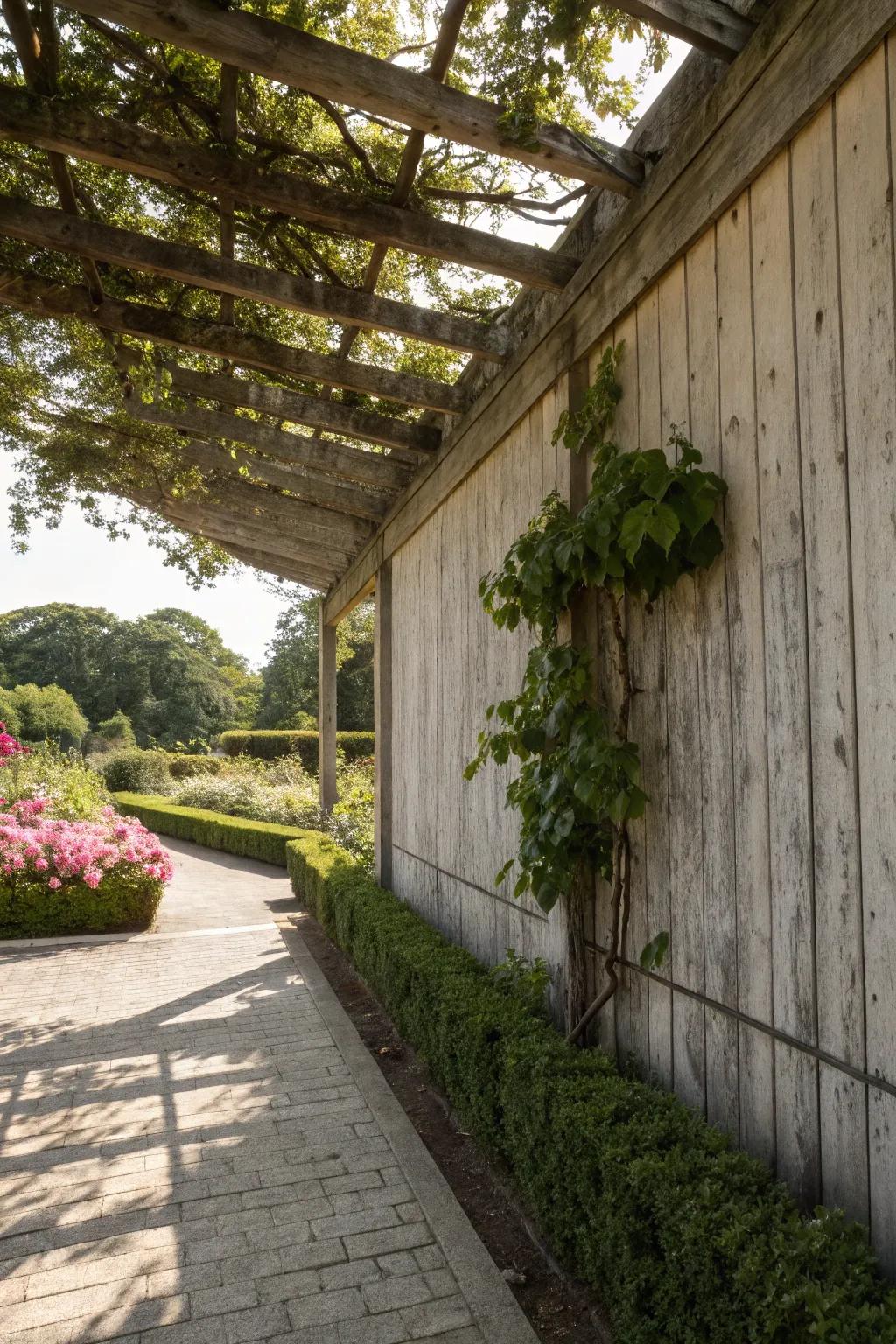 A wooden pergola adds shade and architectural interest.