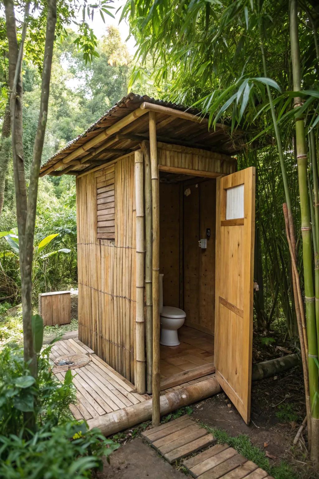 Sustainable materials create an eco-friendly outhouse bathroom.