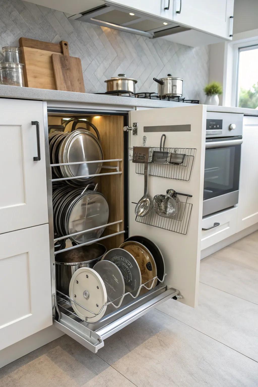 Organize pot lids neatly with a cabinet door organizer.