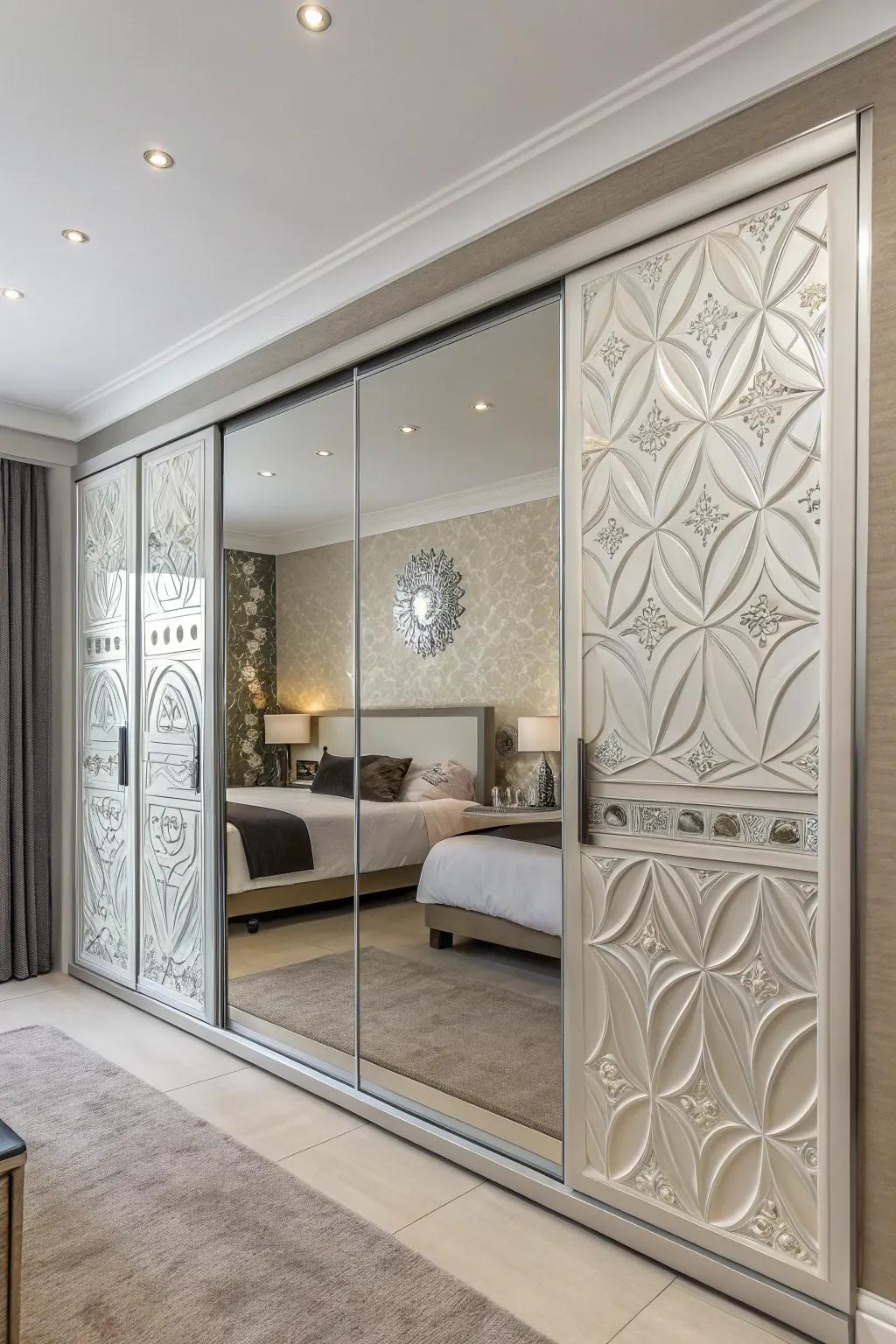 3D art panels transform mirrored doors into a canvas of expression.