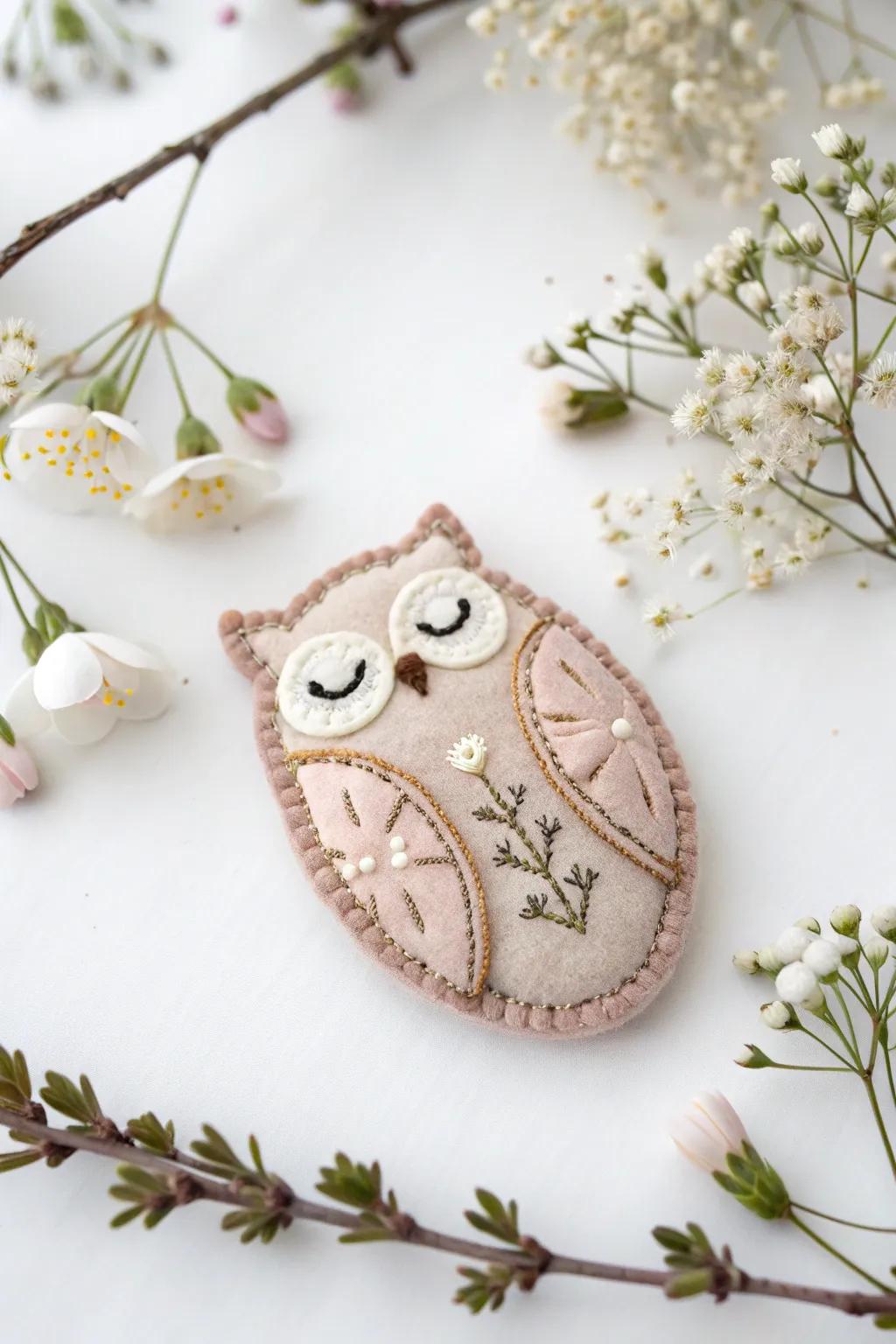 Embrace the charm of handcrafted elegance with this delightful owl felt brooch.