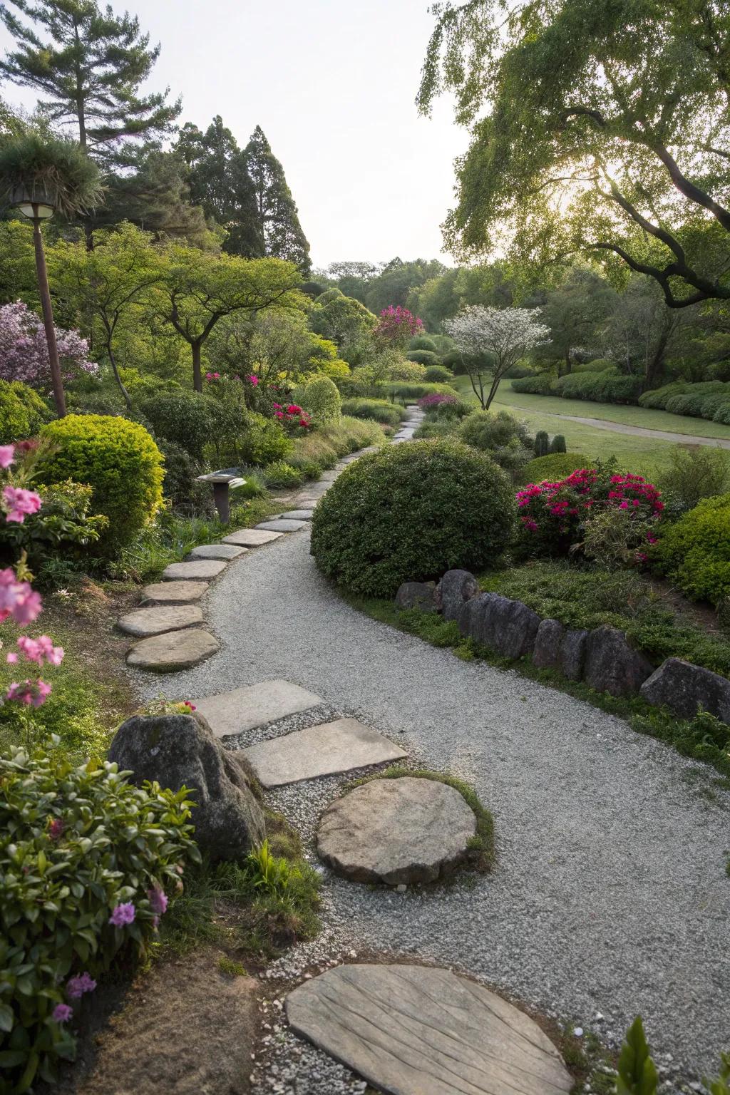 Natural pathways create inviting routes through the garden.