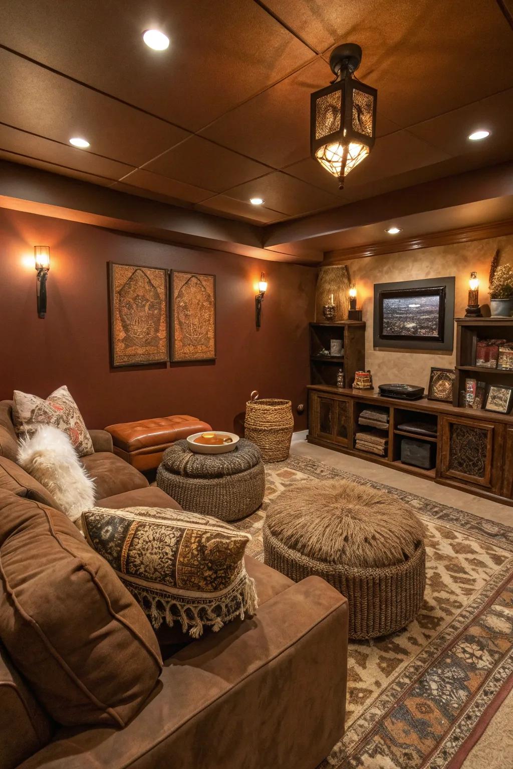 Cinnamon brown walls envelop the room in a rich and cozy atmosphere.