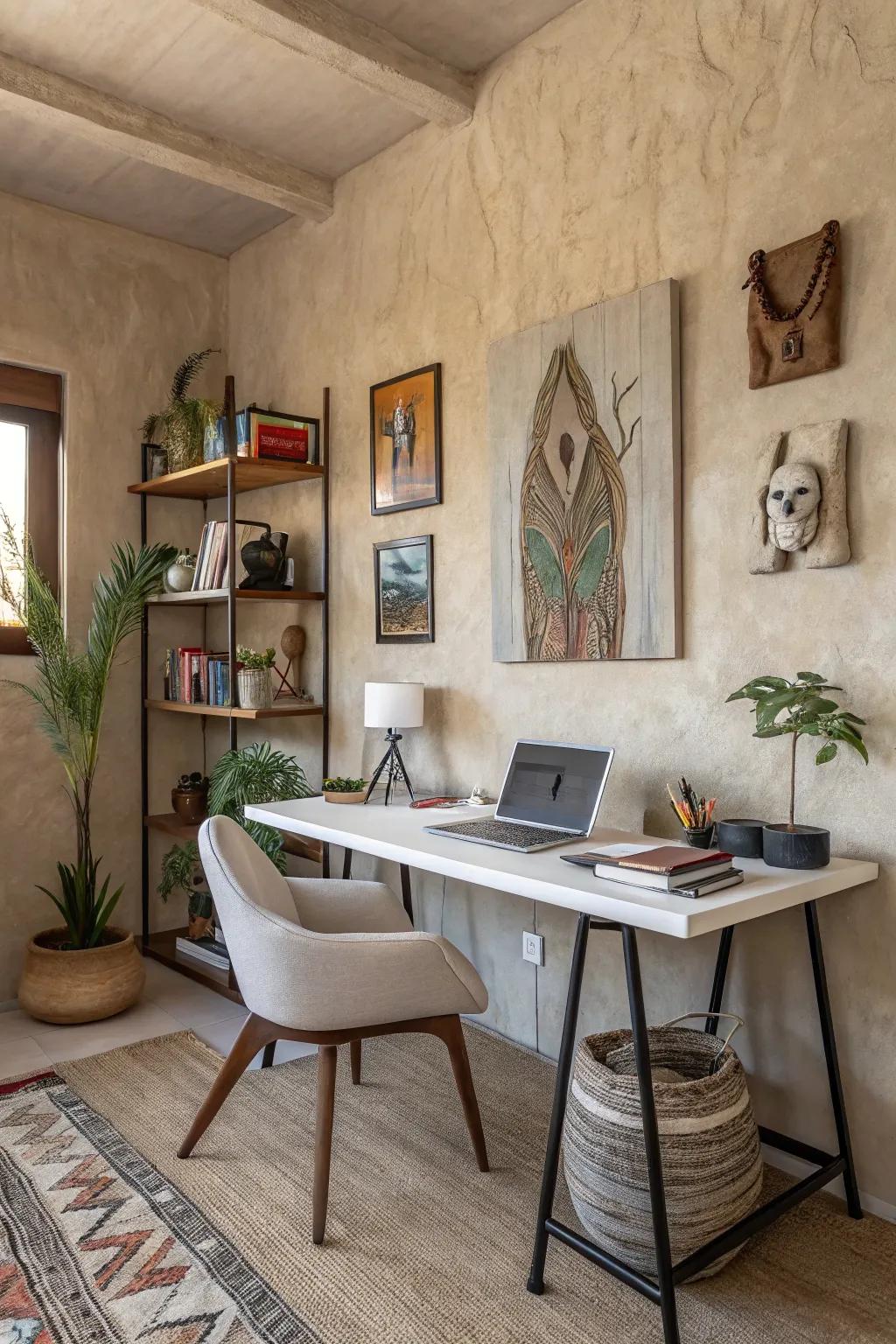 Textured paints add depth and sophistication to this home office.