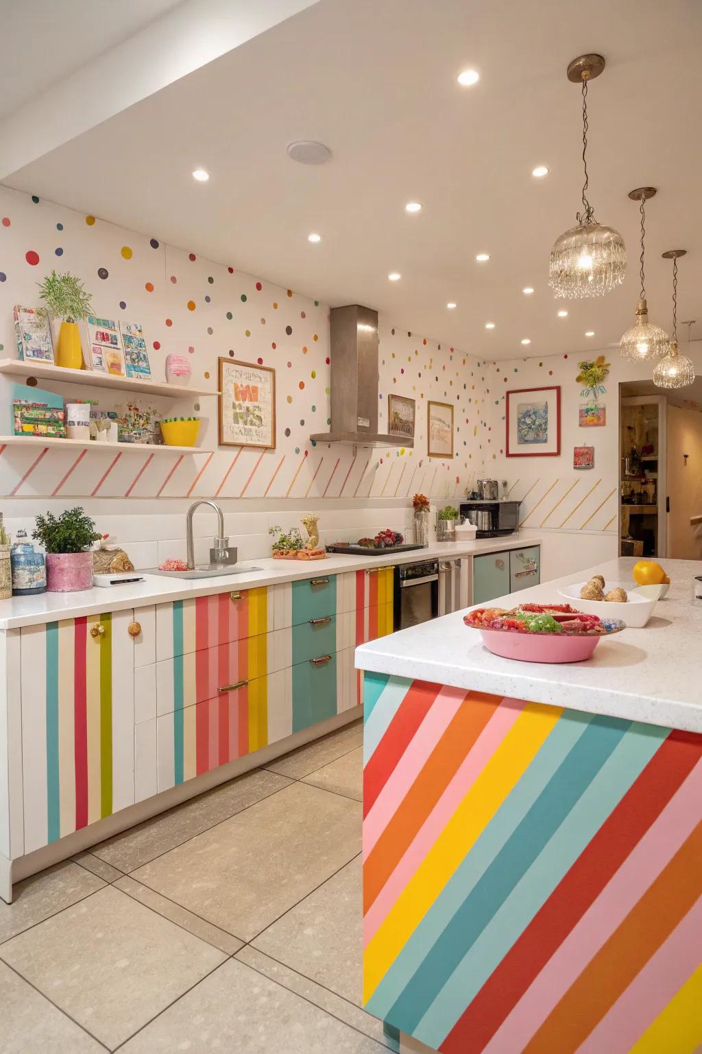 Striped countertops add a fun and dynamic touch.