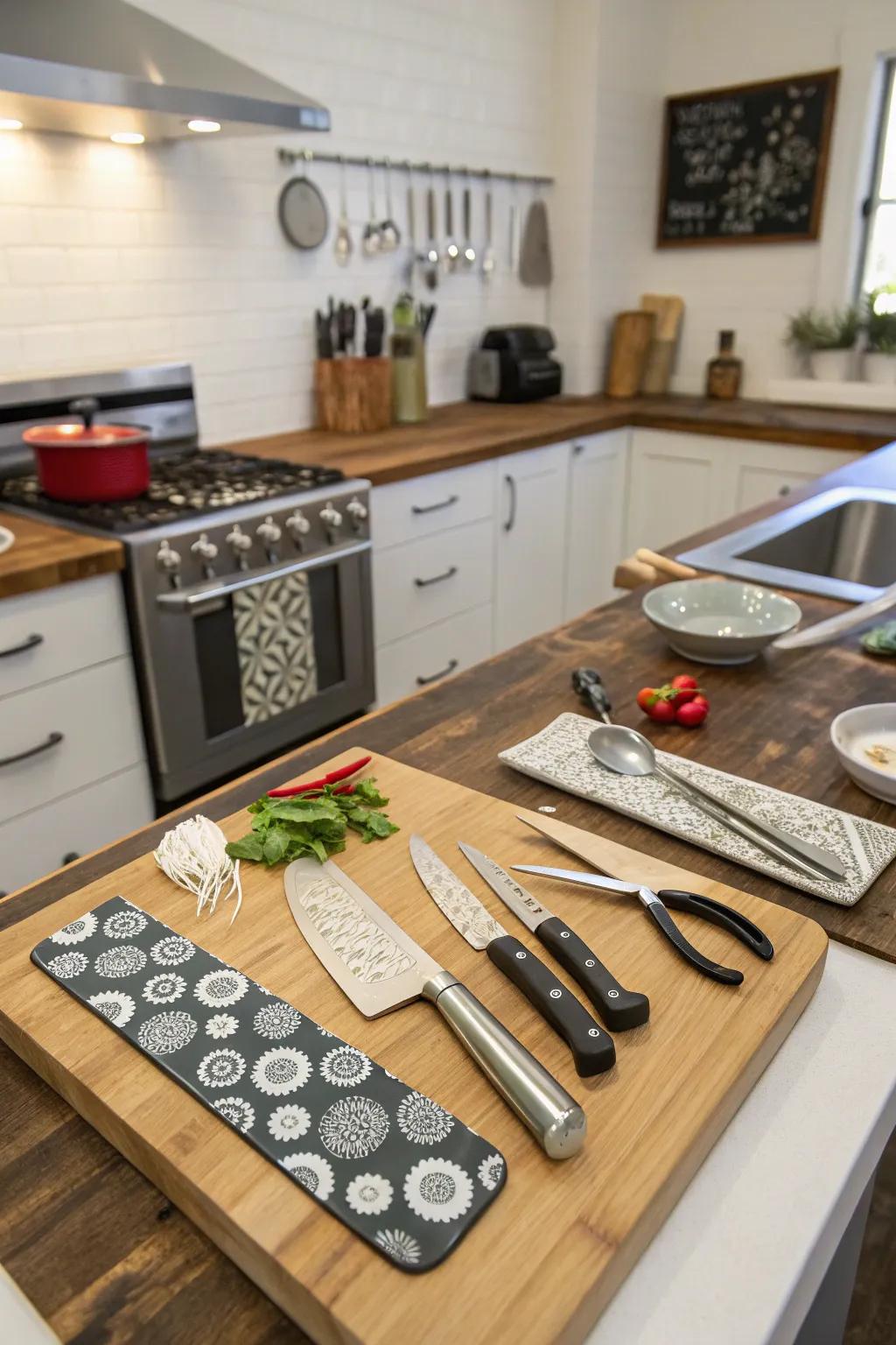 A cutting board decorated with playful kitchen utensil motifs.