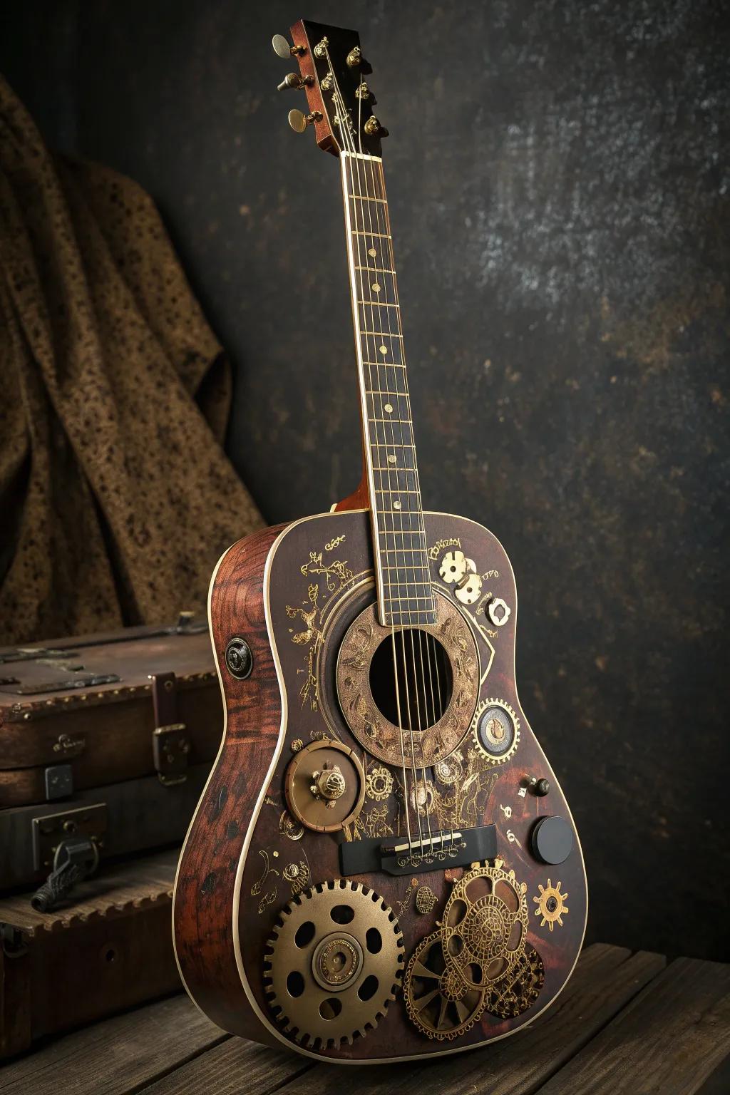 Unleash your creativity with this steampunk-inspired guitar, where craftsmanship meets industrial charm.