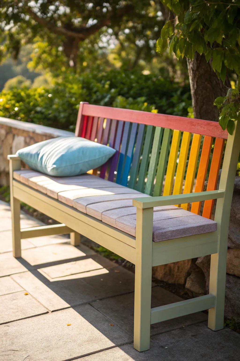 Embrace the spectrum with this stunning rainbow bench, bringing a touch of joy and diversity to your outdoor space.