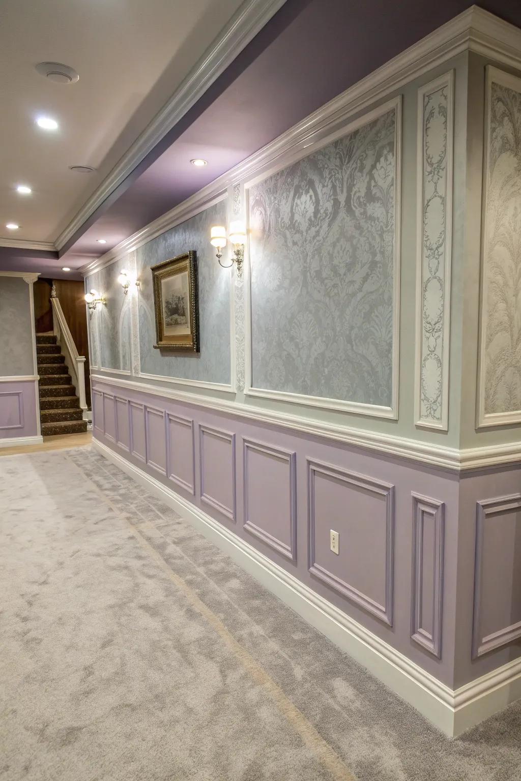 Elevate your basement with the elegance of lavender and gray; a perfect blend for sophistication and tranquility.