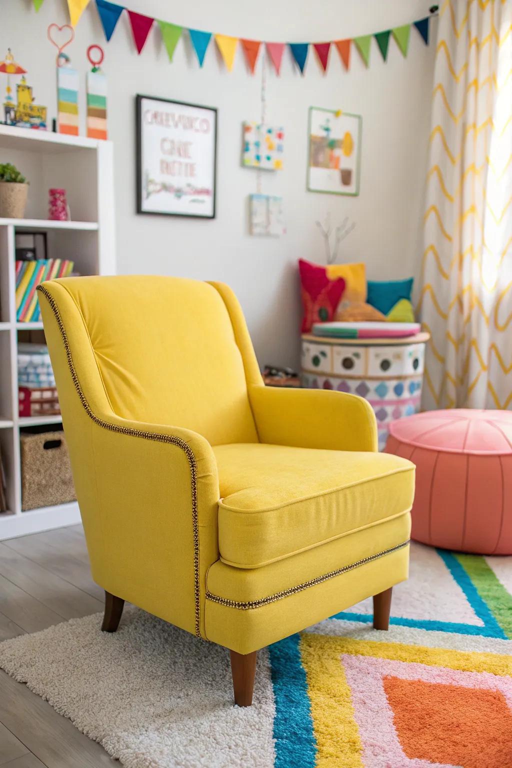 An accent chair in a bright, uplifting yellow.