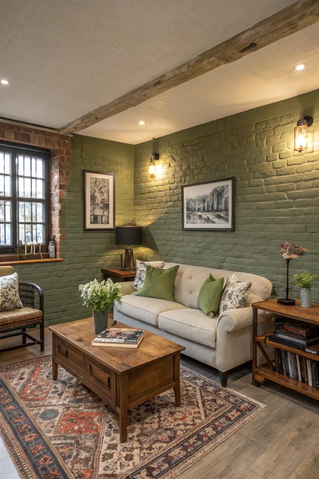 Olive green painted brick walls bringing a touch of nature to the living area.